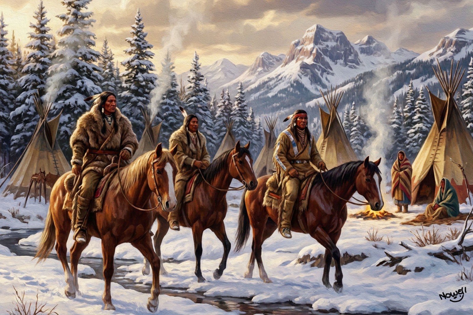 Native American Indians A Winters Hunting Party Gallery Canvas Wrap SN/LE