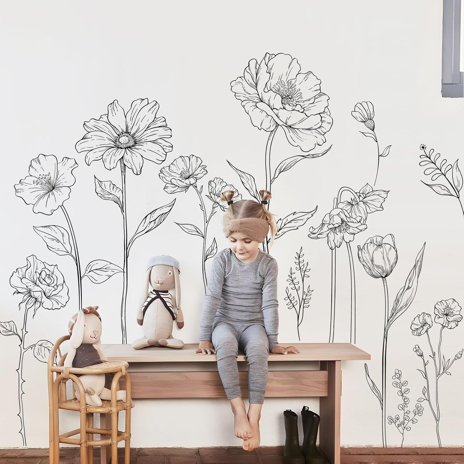 Large Black Boho Flower Wall Decals Simple Sketch Floral Multi-colored