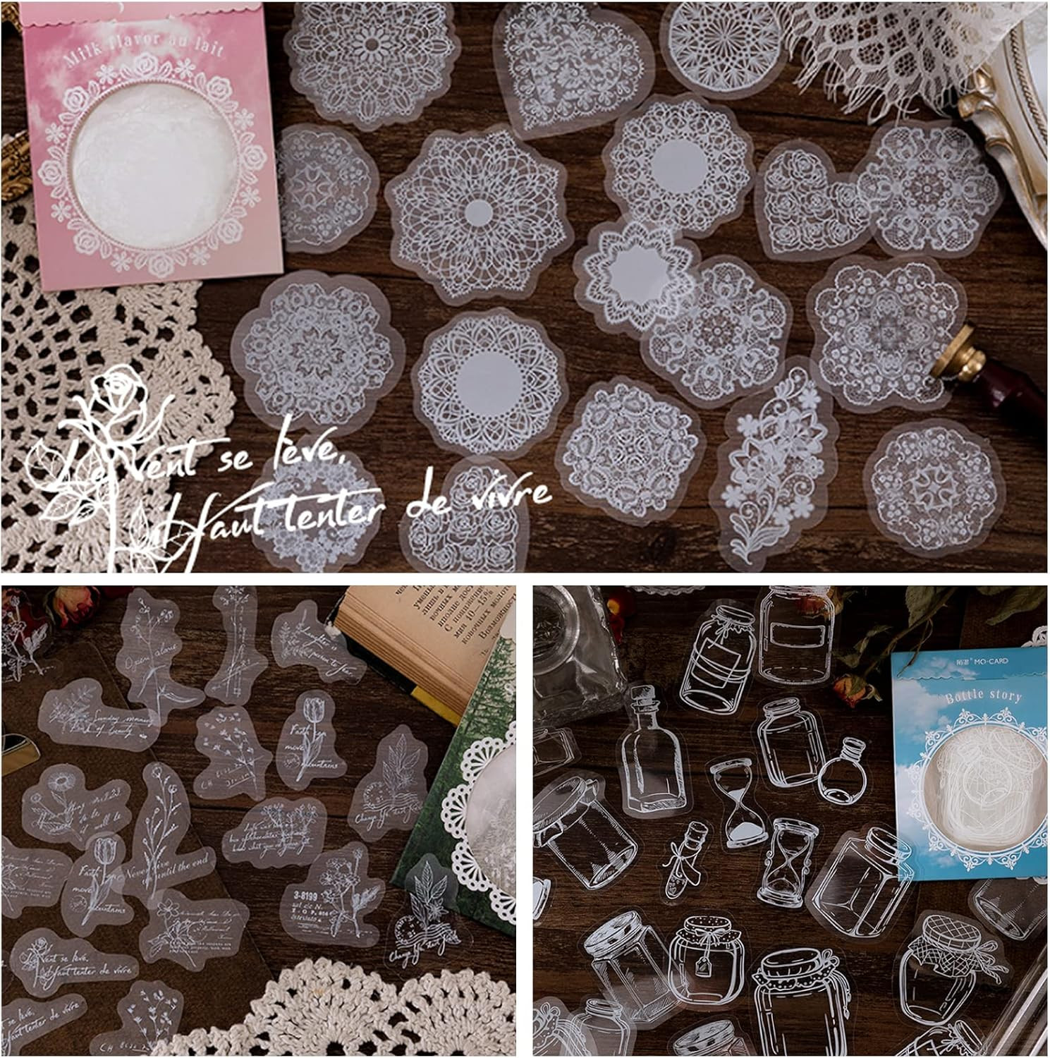 90 Pcs Transparent Lace Stickers,Pet Vintage Decorative DIY Decals White Retro A