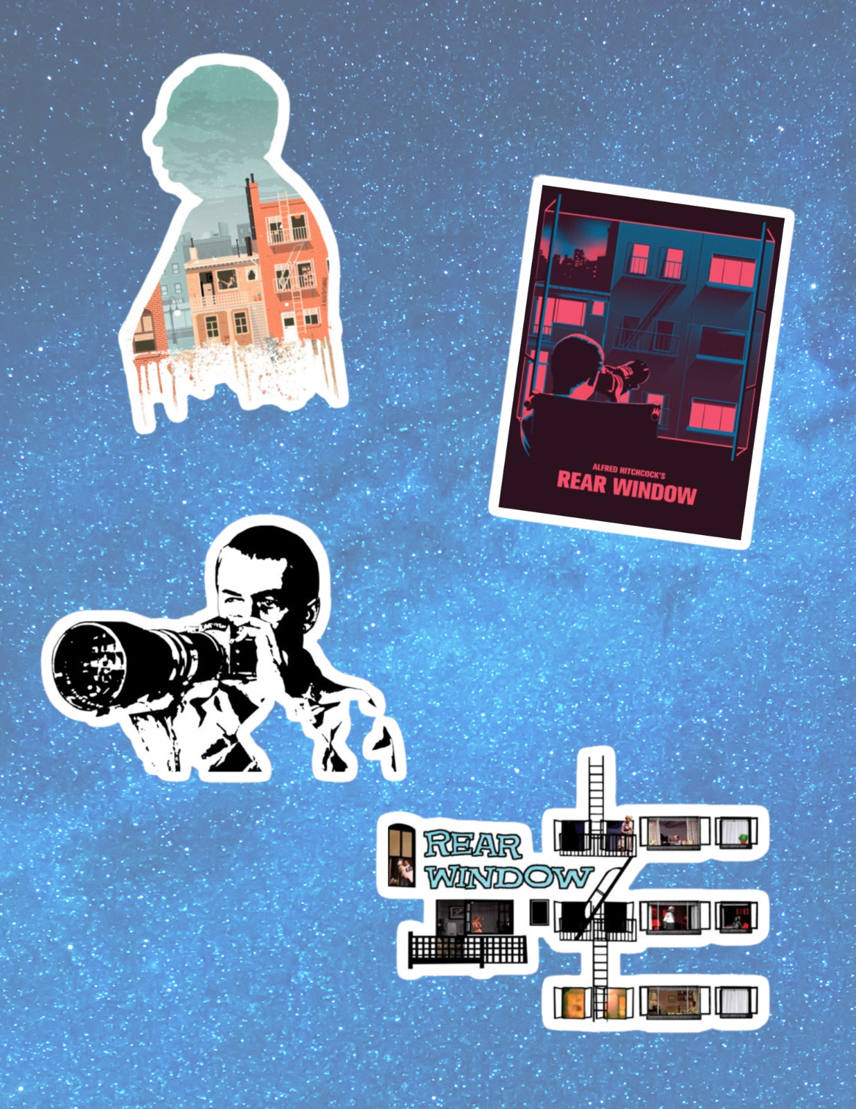 Rear Window Retro Movie 4pc Sticker Pack