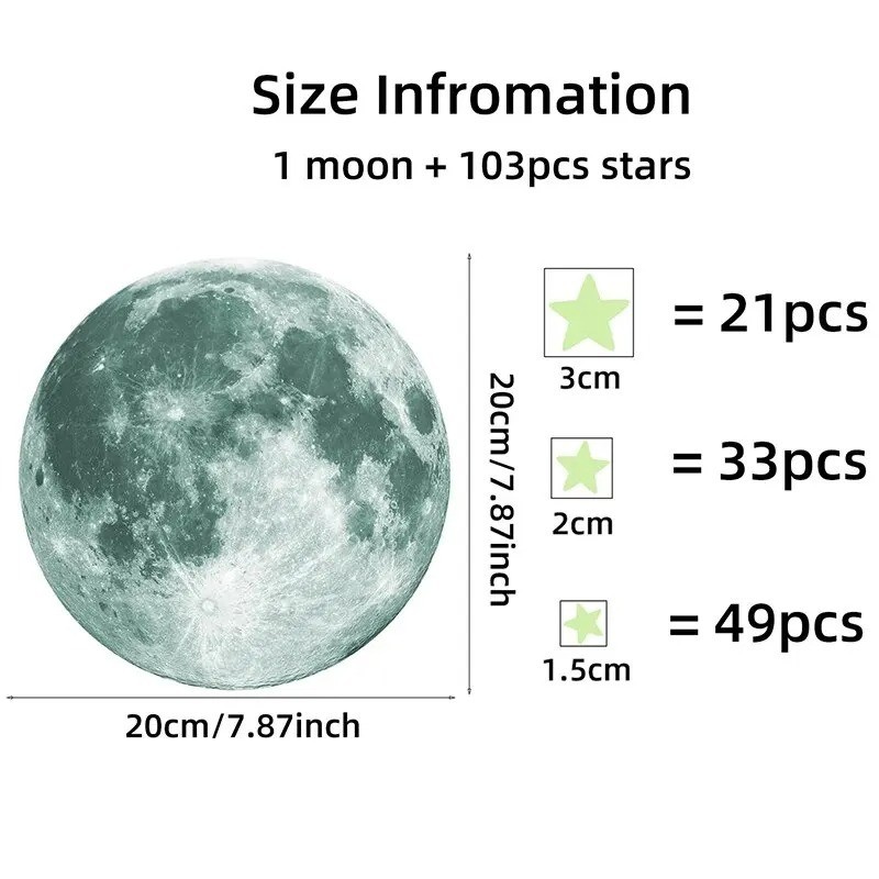 103PCS Glow in the Dark Moon Stars Wall Stickers Kids Bedroom Ceiling