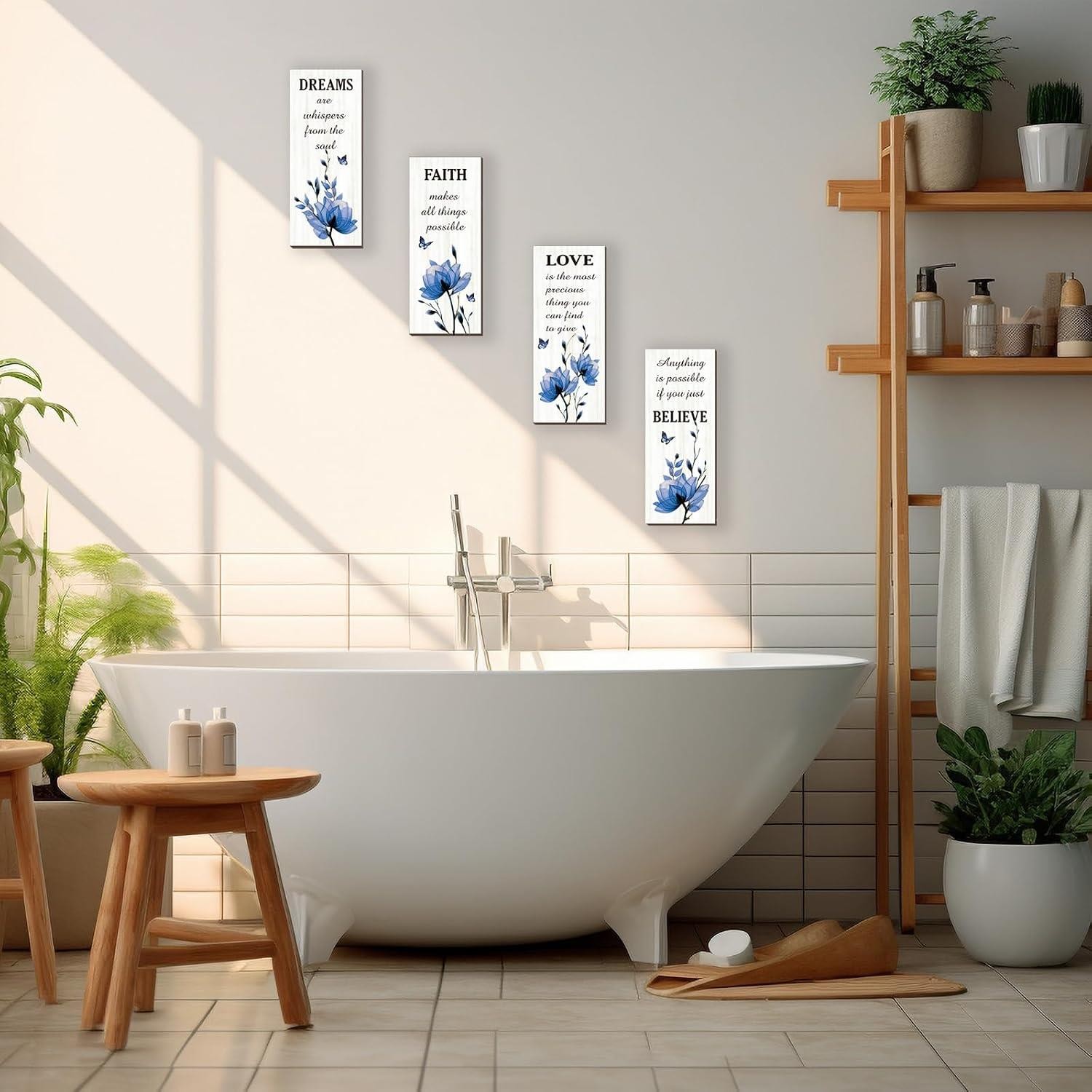 4 Pcs Blue Bathroom Decor Blue Wall Decor With Flower Dreams Faith Love Believe