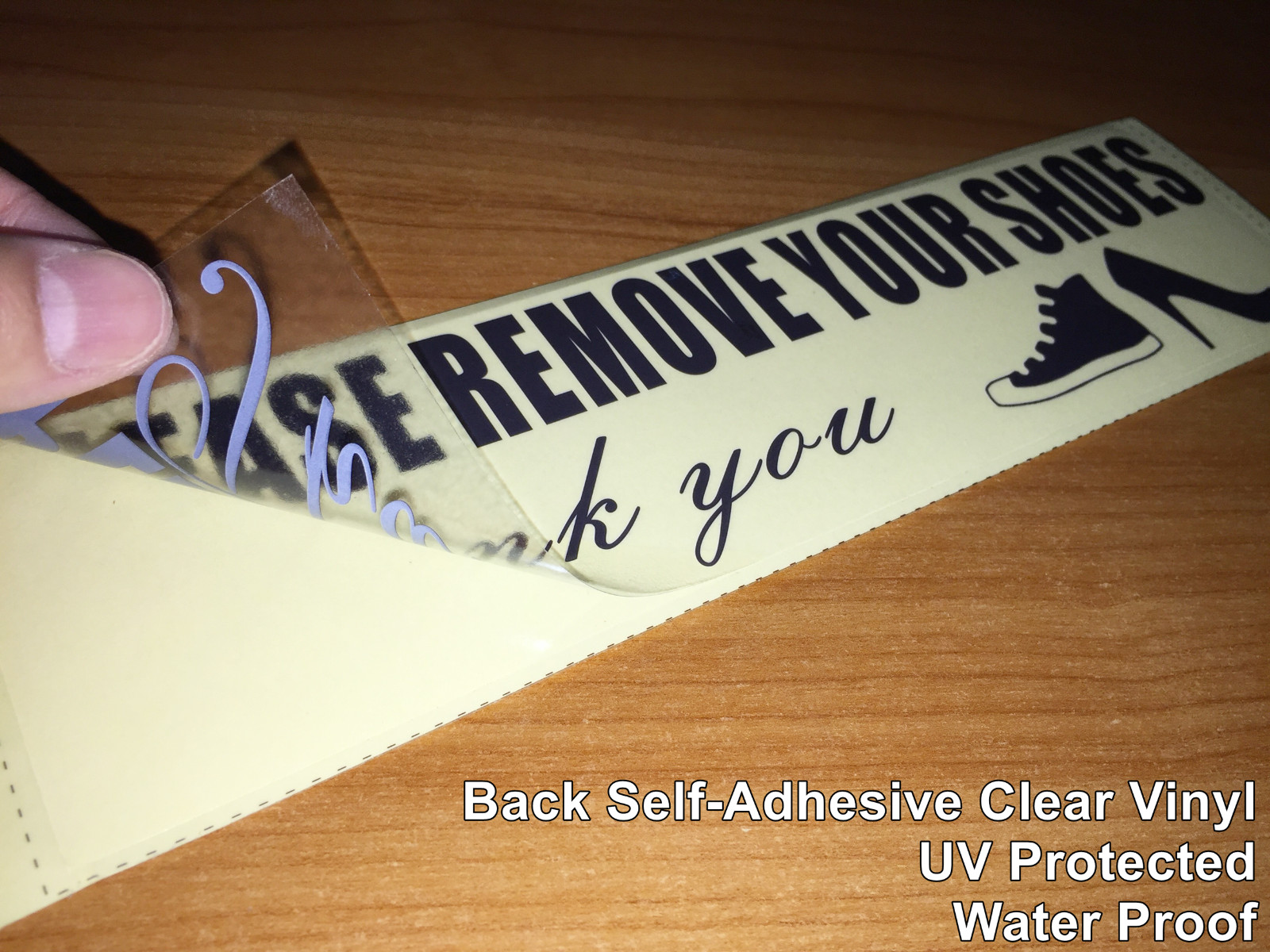 2pc 9.75" X 2.5" PLEASE REMOVE YOUR SHOES Back Self Adhesive Clear Vinyl Sticker
