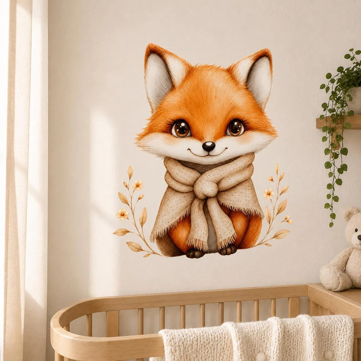 Cute Fox Wall Vinyl Decal | Watercolor Baby Fox Sticker With Scarf