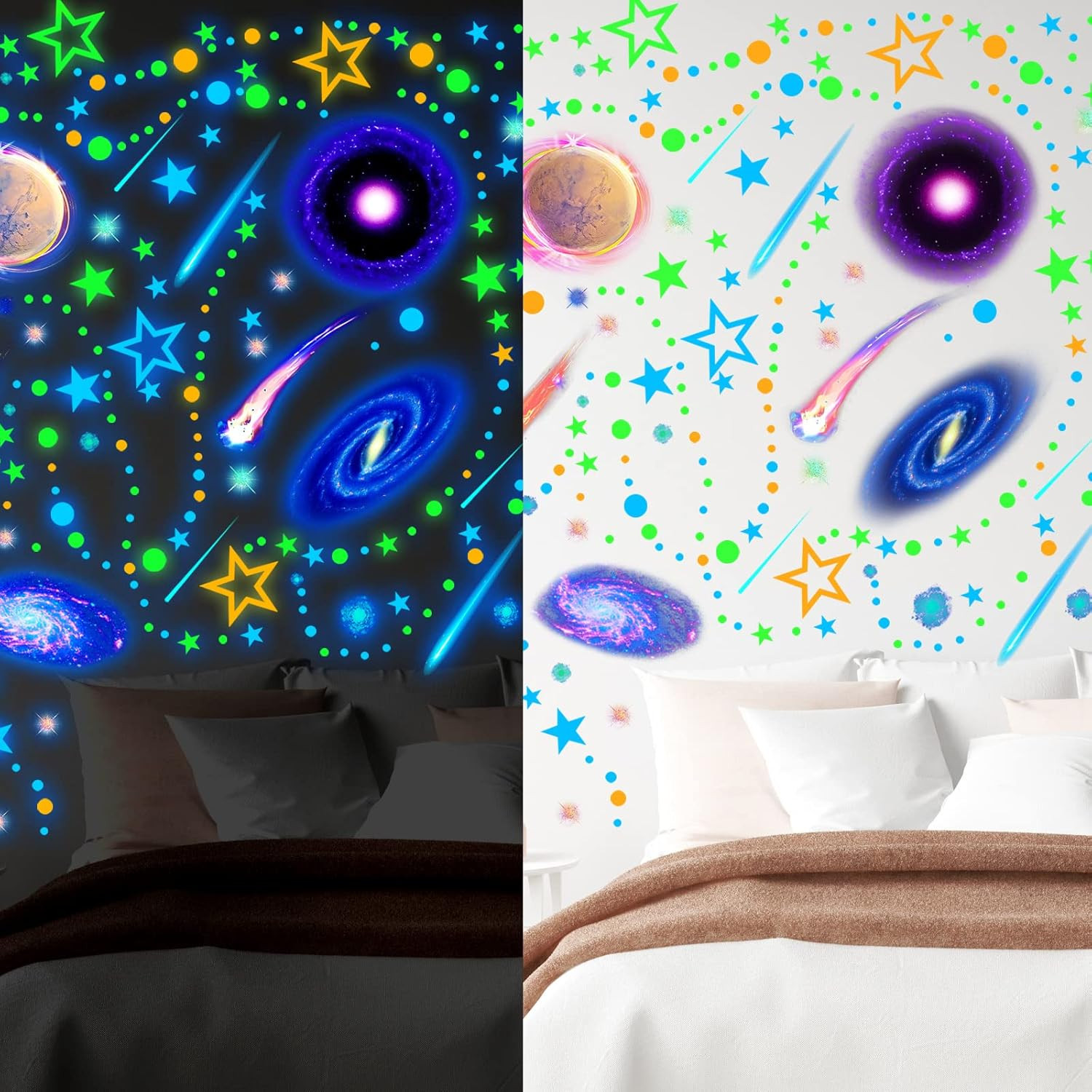 495 Pcs Glow in the Dark Moons and Stars Wall Decals for Ceiling,Glowing Planets