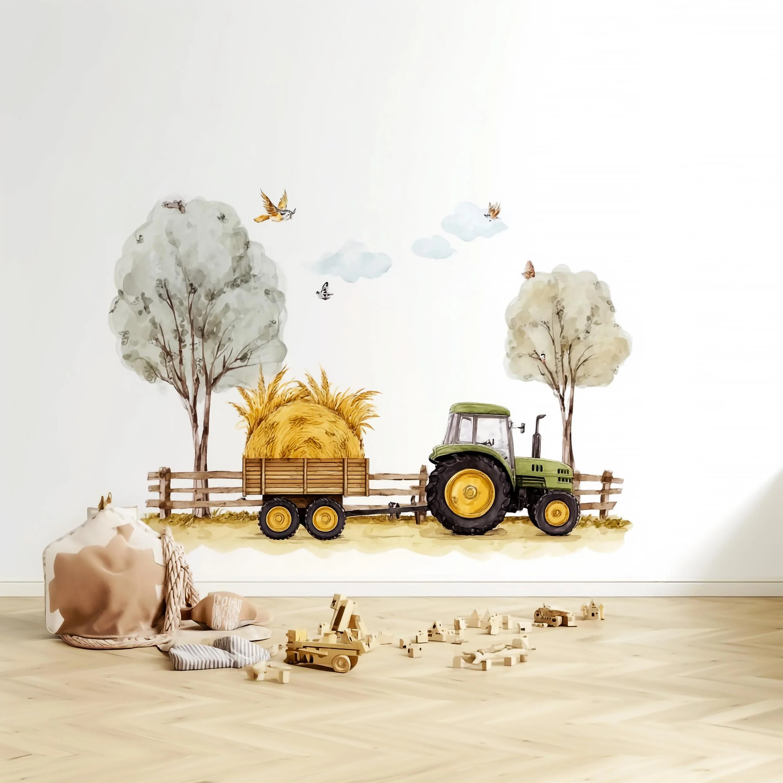 Farm Tractor Wall Decal with Hay Bale Trailer | Nursery Wall Sticker Set with