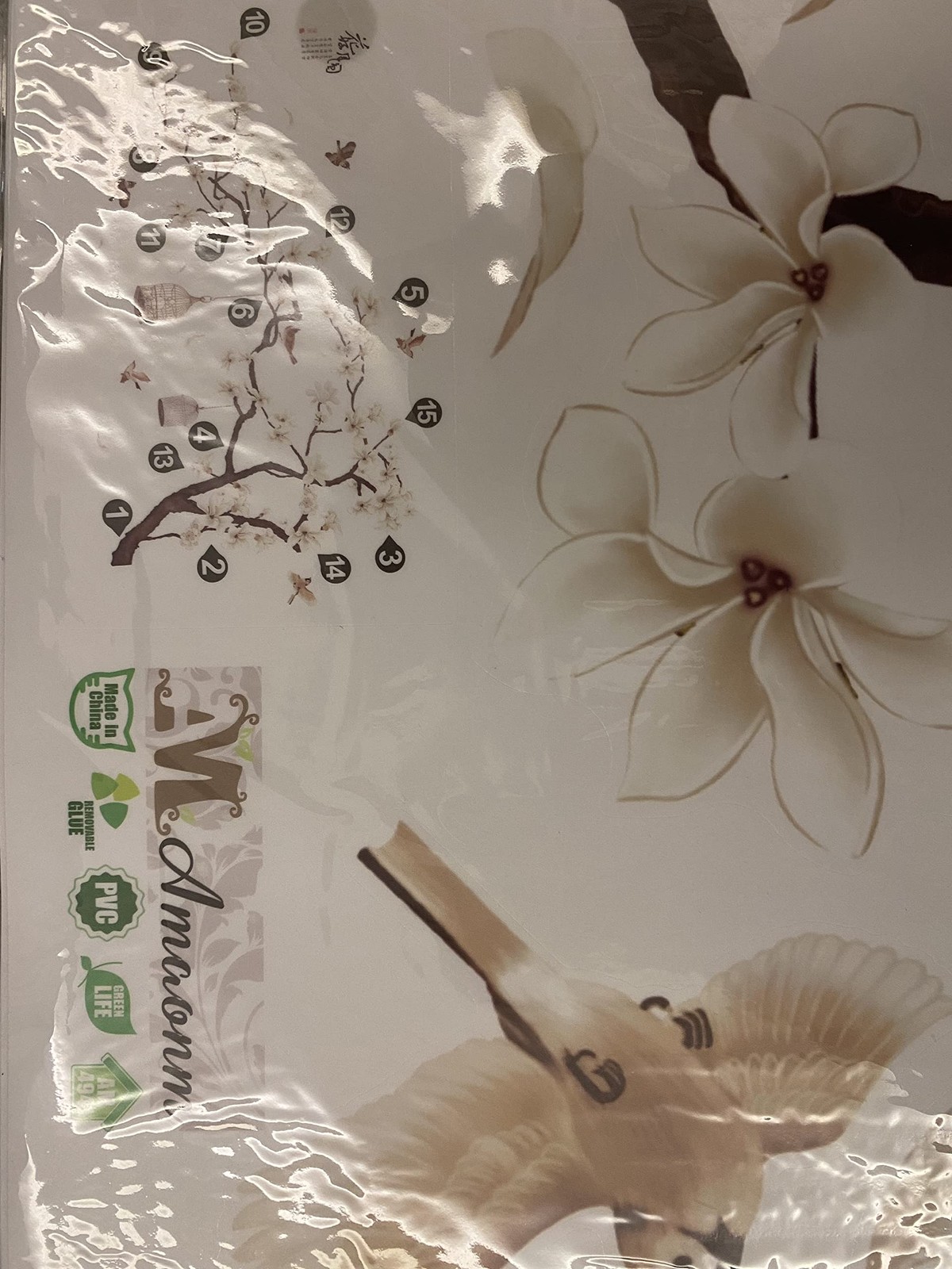 Amaonm Chinese Style White Flowers Black Tree and Flying Birds Wall Stickers Rem