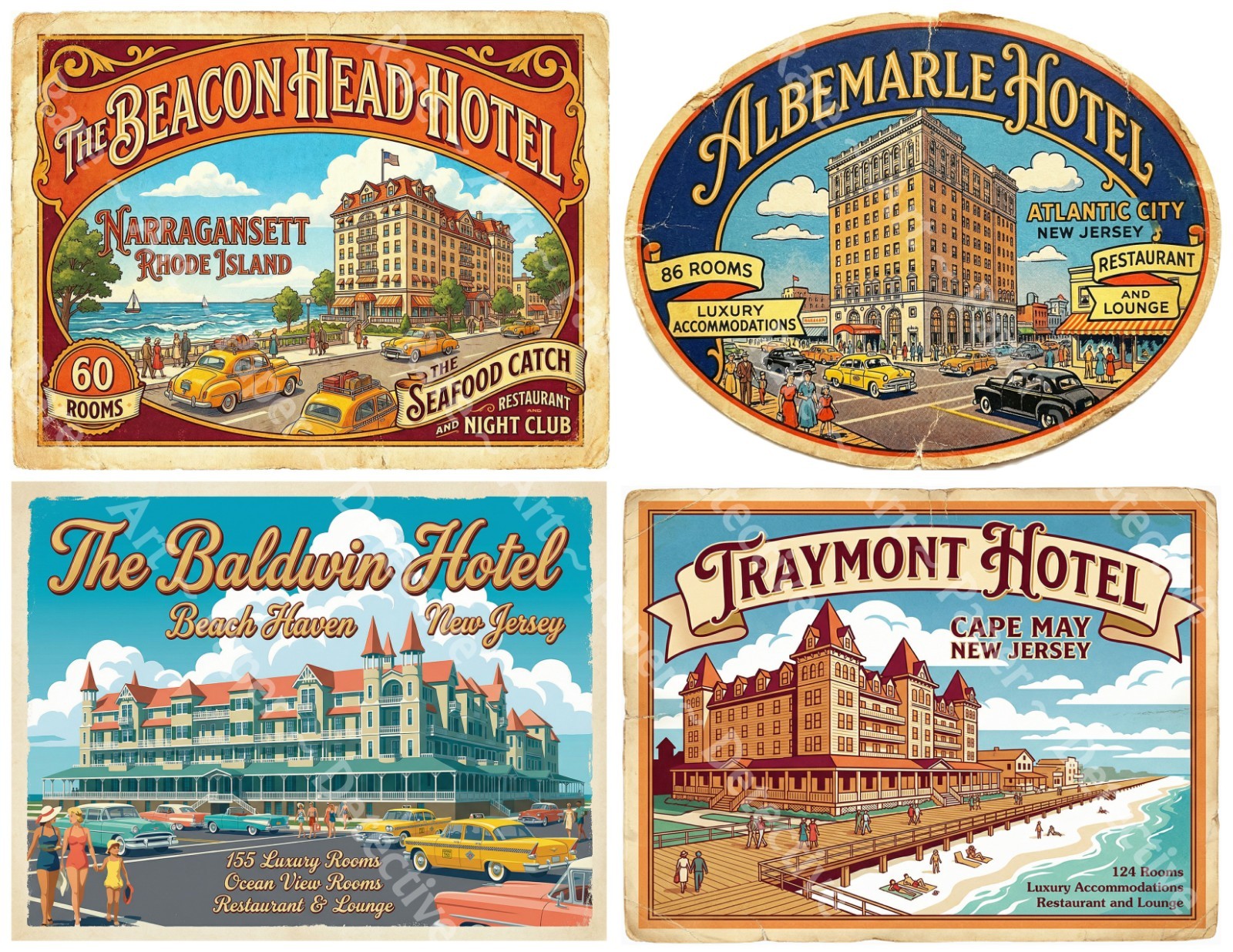 Vintage Nostalgic Hotel Luggage Stickers, 4 Retro Labels on 1 Cut & Peel Sheet