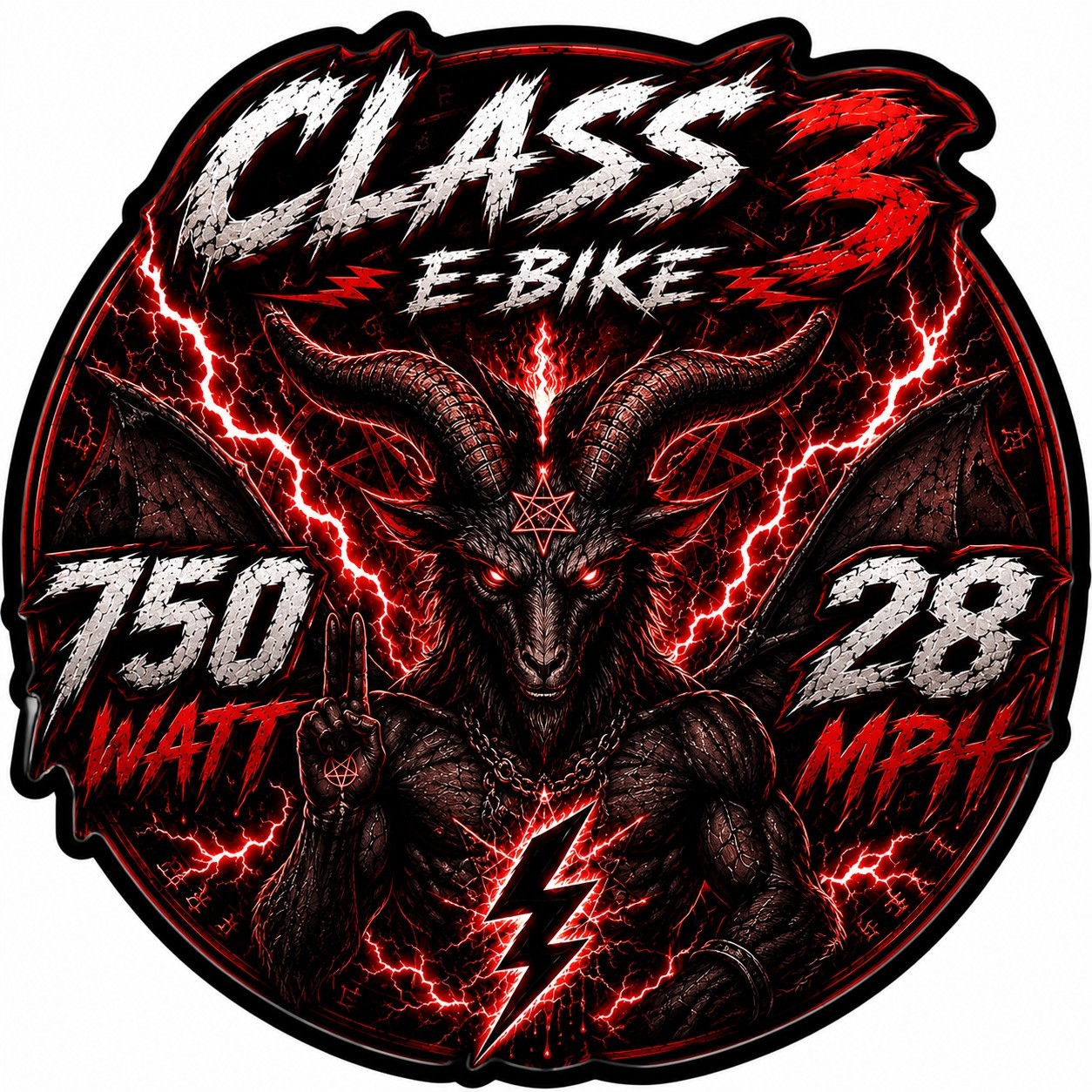 Class 3 Ebike 750W 28 MPH Skull Lightning Round Decal Sticker 1.5 in