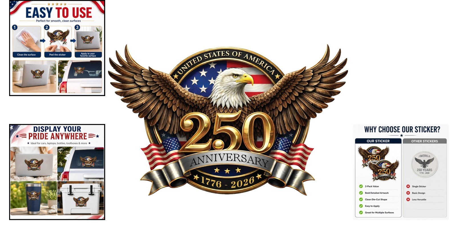 Bold Patriotic 250th Anniversary Car Stickers – Easy Application & Versatile Use