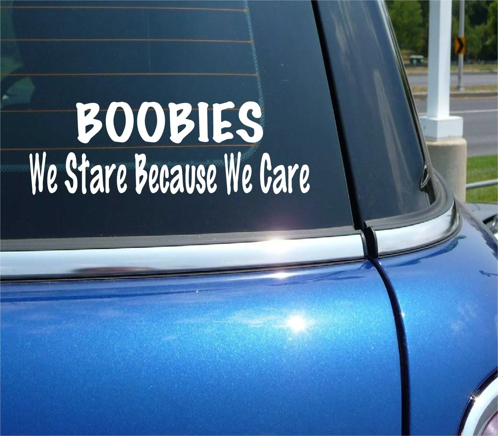 BOOBIES WE STARE BECAUSE WE CARE DECAL STICKER FUNNY BOOBS BOOBIES CAR TRUCK