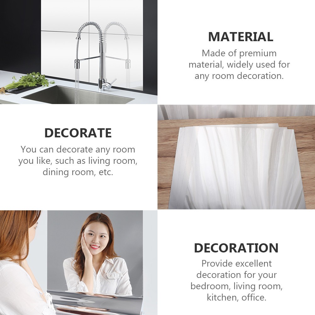 6Pcs Reusable Decorative Mirror Decals Silver for Kitchen Bedroom Wall Decor