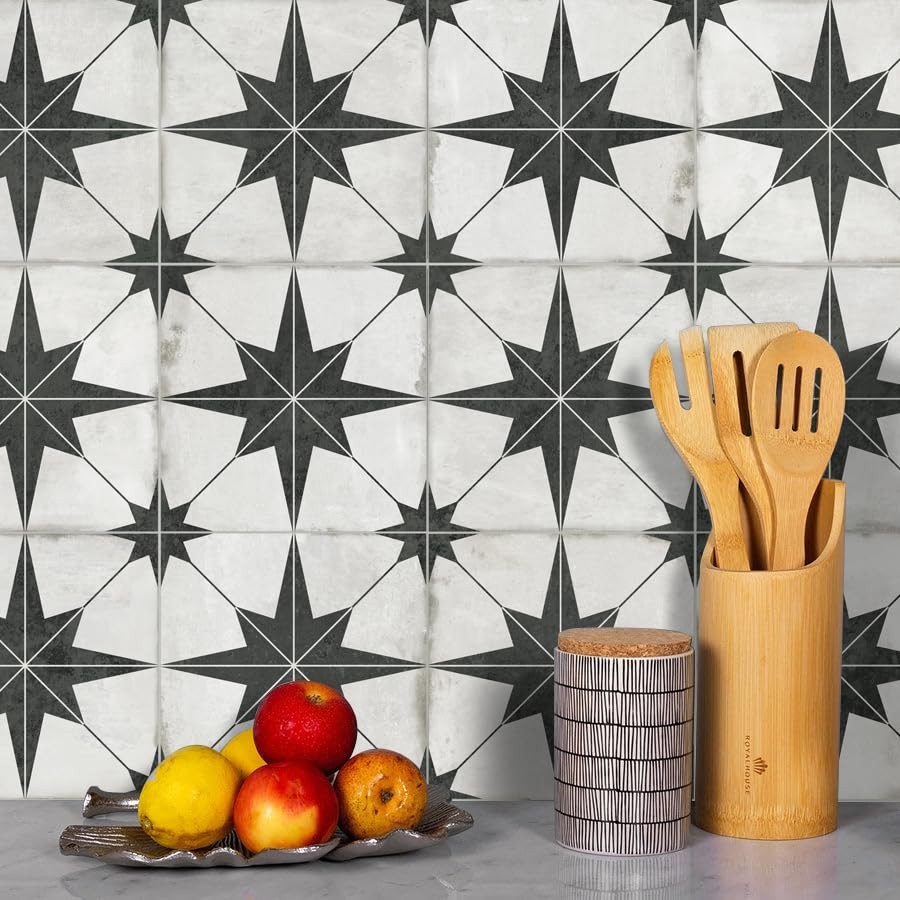 Encaustic Peel and Stick Backsplash, Black Star Patterned Vintage Stick on Ti…