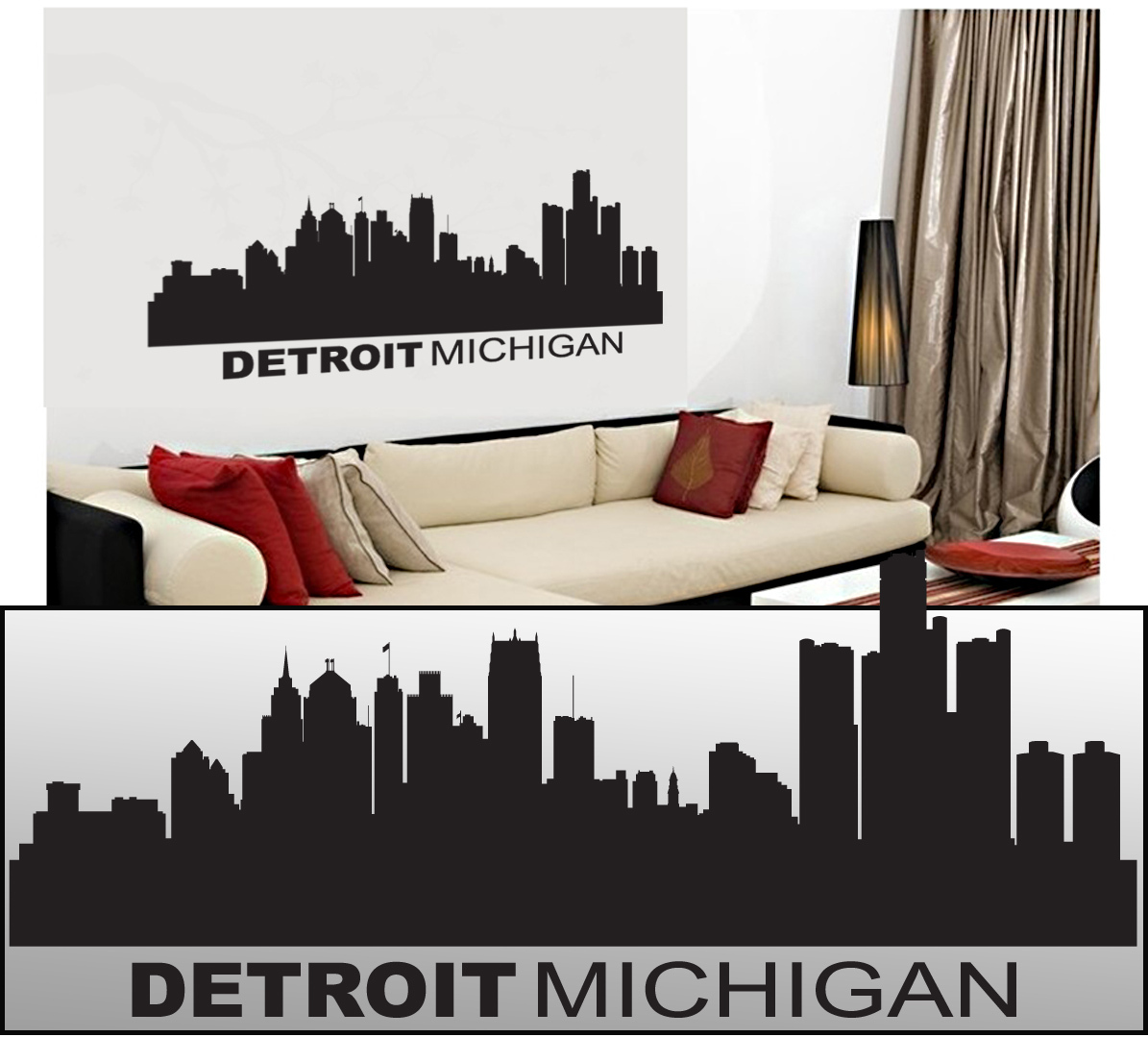 FGD Detroit Michigan City Skyline Vinyl Wall Decal 20" x 48"