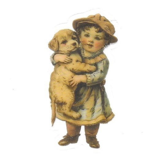 Victorian Child Hugging Puppy Transparent Vinyl Sticker Clear Ephemera Cute Art