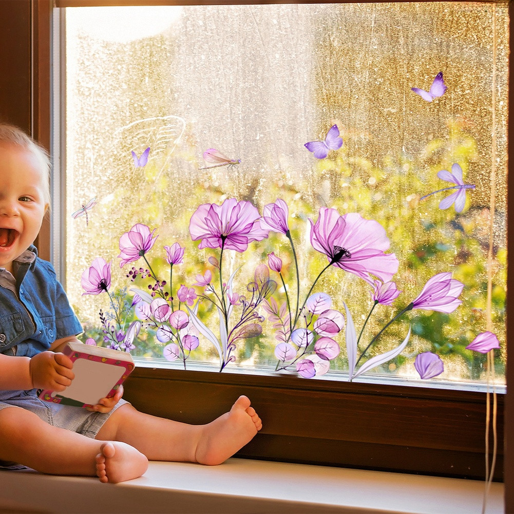 Purple Butterfly Flower Electrostatic Window Decal for Glass 11.81 x 23.62 in