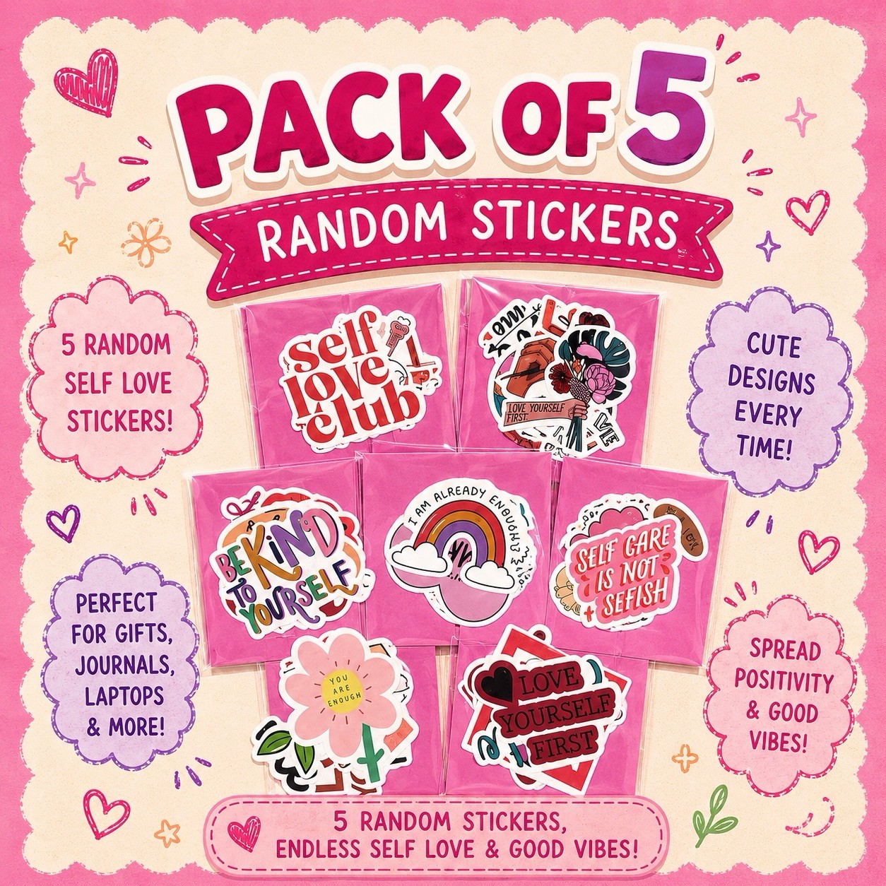 5 Random Self Love Stickers Vinyl Waterproof Motivational Decals Pack