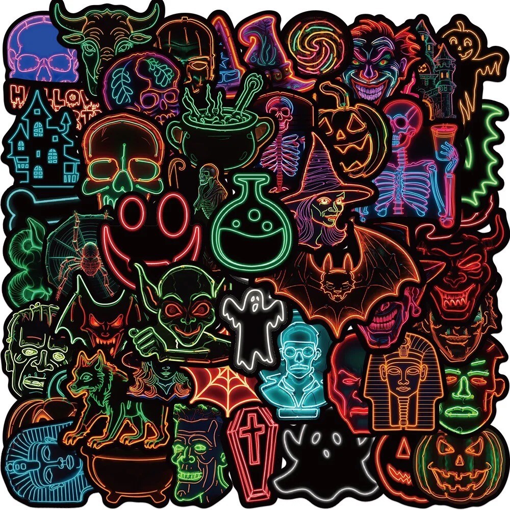 50 PCS Neon Stickers Halloween Spooky Decals Laptop Binder Holiday Free Shipping