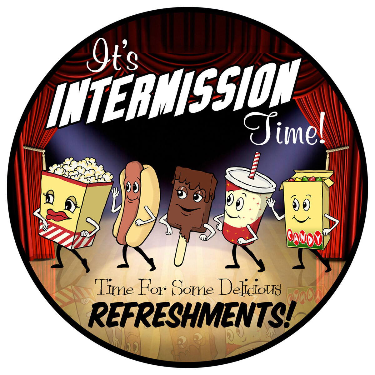 Intermission Time Snacks Round Wall Decal Classic Movie Theater Decor