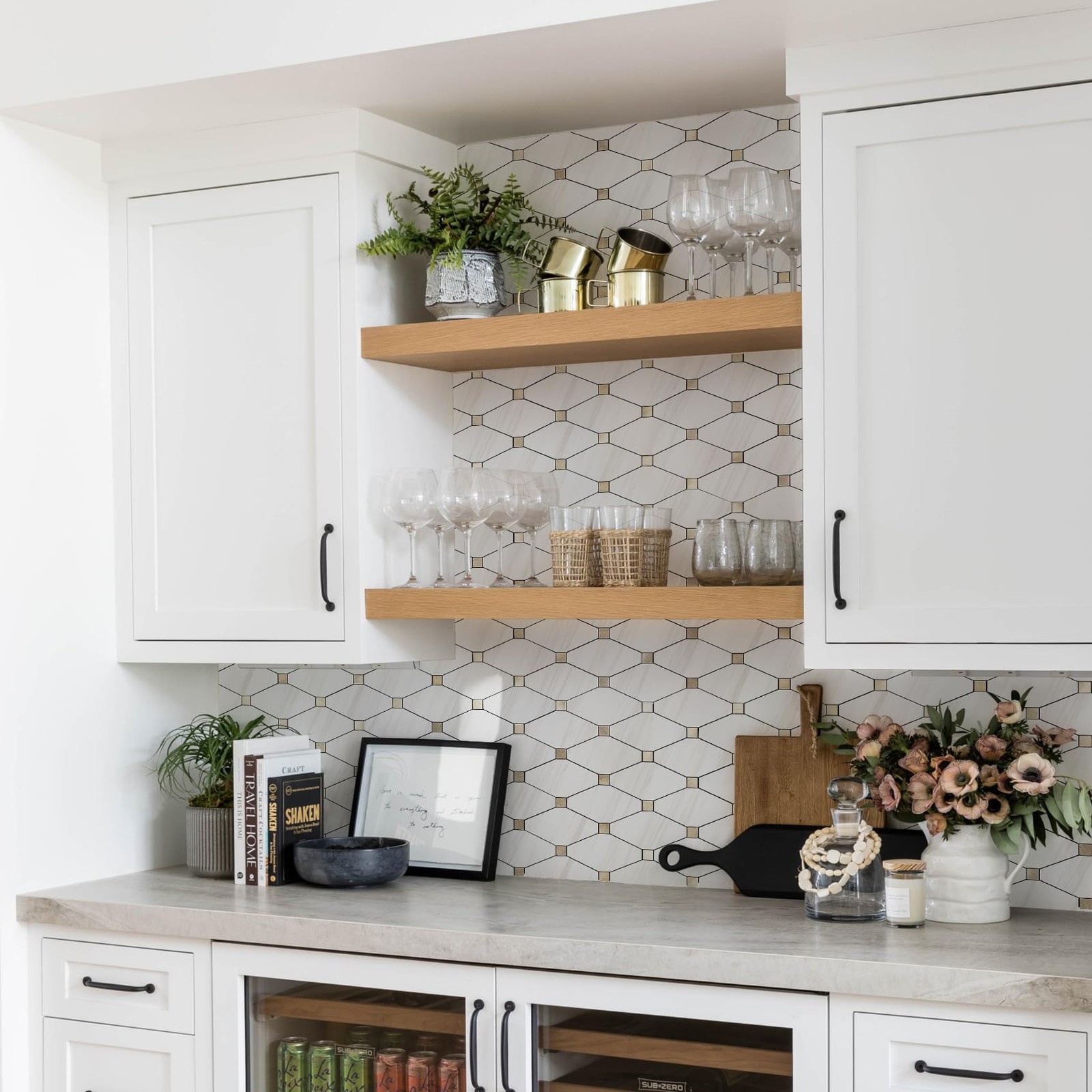 10 Sheets Peel and Stick Backsplash, Polished Dolomite PVC Mixed Metal Gold K…