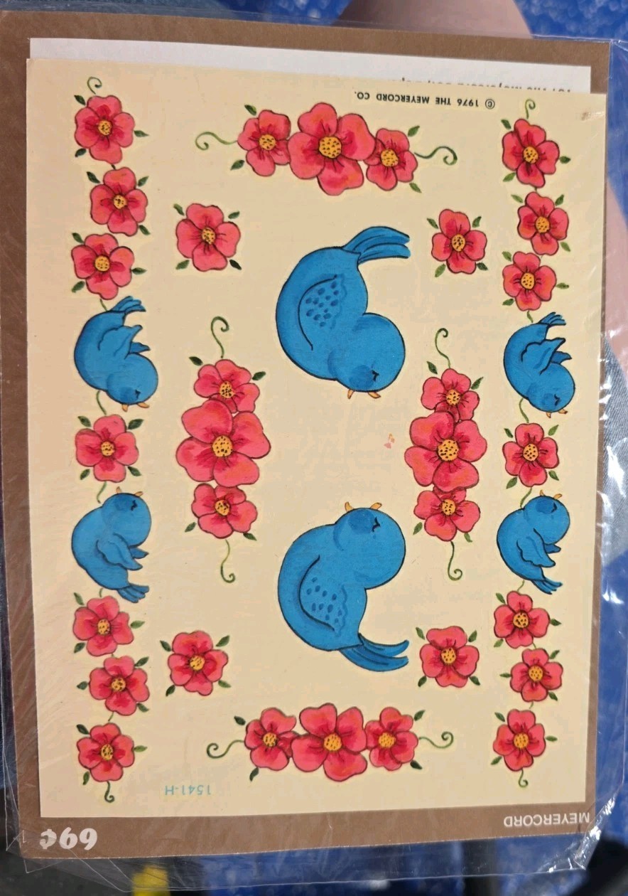 Meyercord Decals 1976 Dip&Slide 1541-H Blue Birds Pink Floral Vtg NIP Cutesy