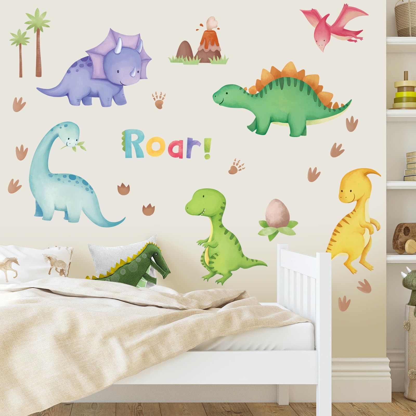 Watercolor Dinosaur Wall Decals Peel and Stick, Vinyl Dino Wall Sticker, Wall…