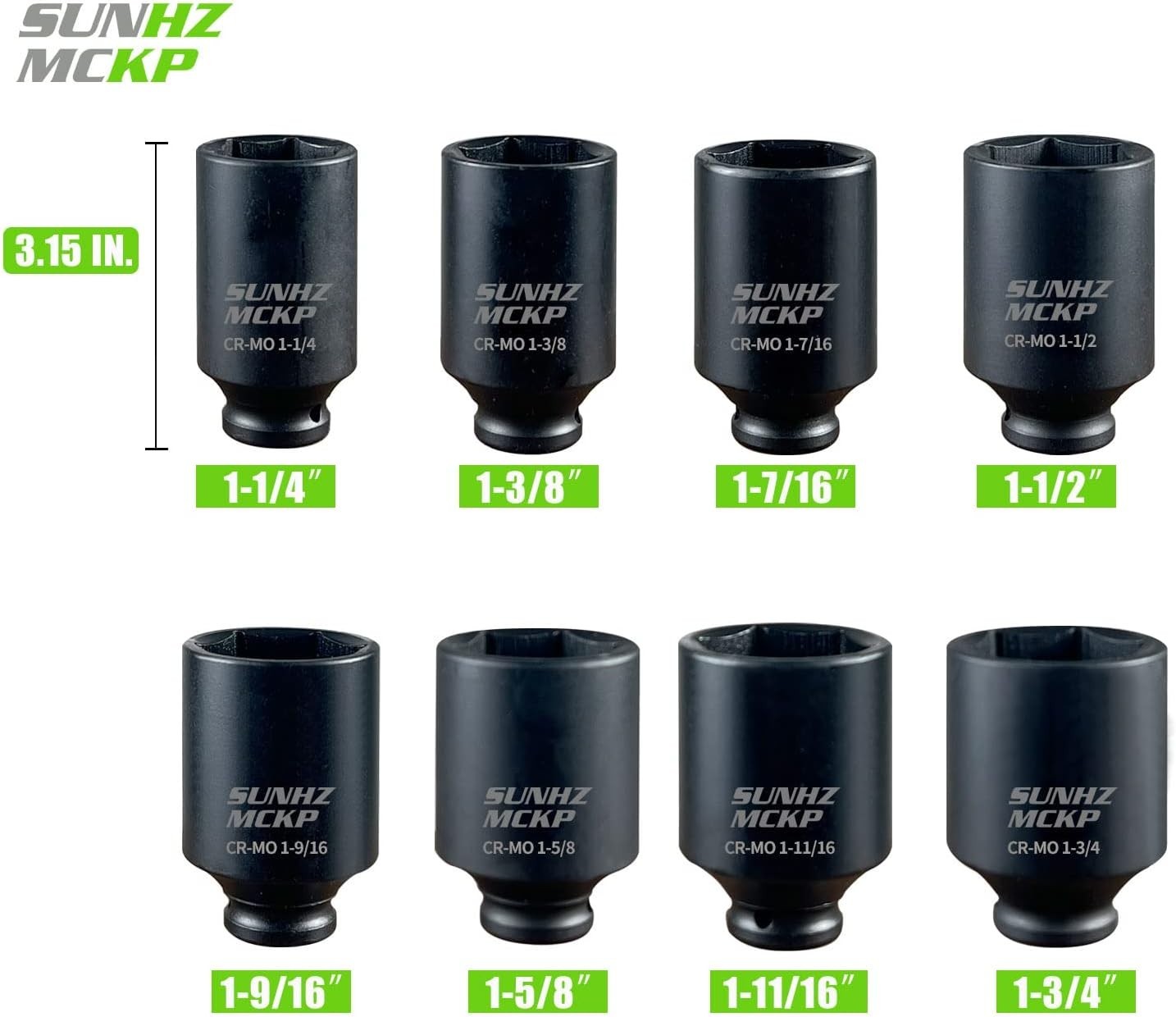 1/2" Drive Deep 6-Point Impact Socket Set, 8-Piece Standard SAE Spindle Axle Nu