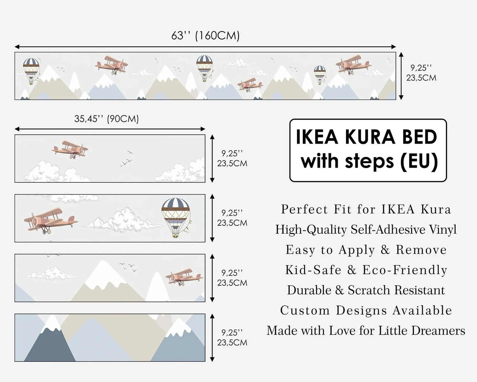 Vintage Aviation Decals for IKEA KURA Bed – Neutral Airplane & Mountain