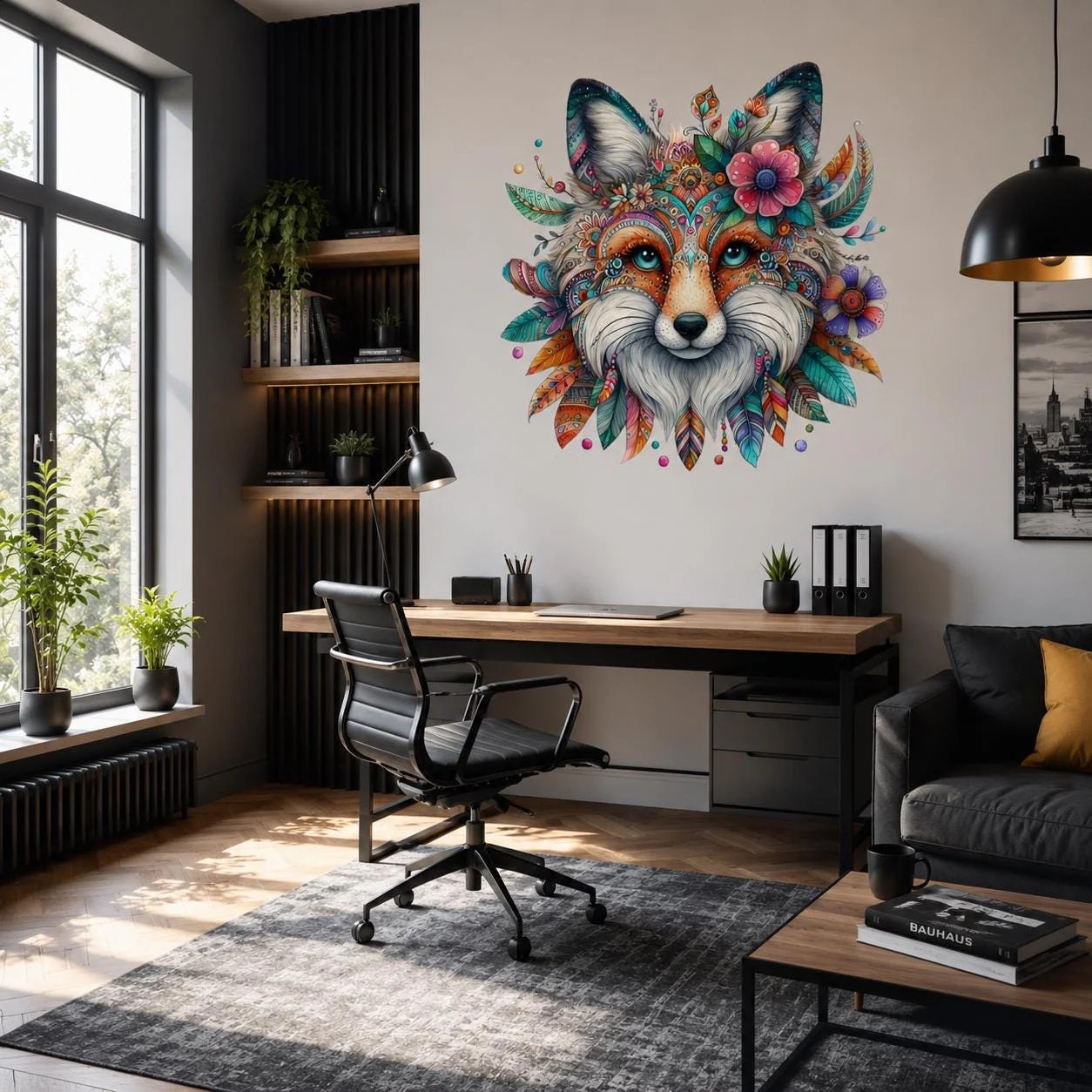 Boho Fox Wall Vinyl Decal | Colorful Mandala Animal Face Sticker
