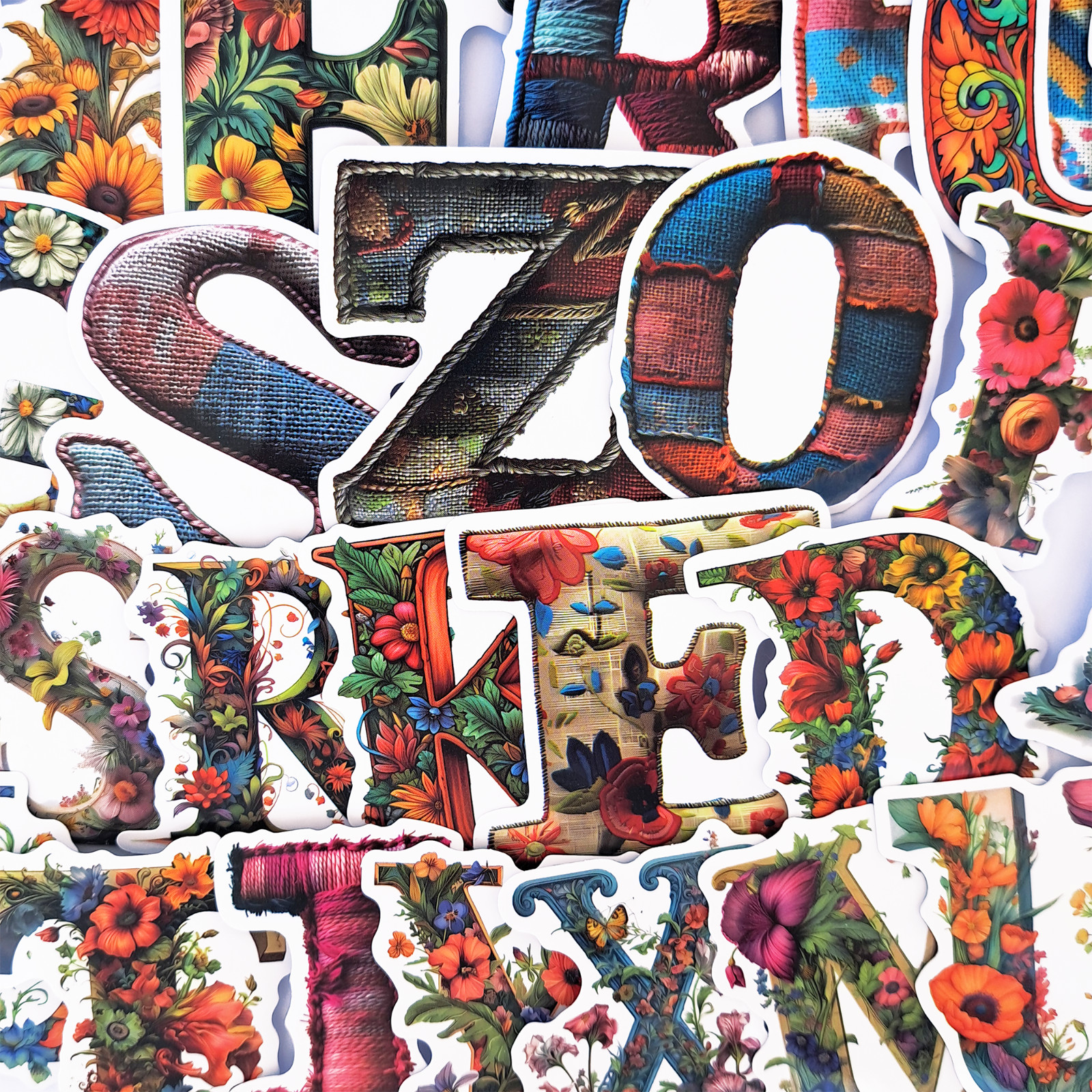 52 PCS Floral Alphabet Sticker Pack Knitted Patchwork Decorative Letters Crafts