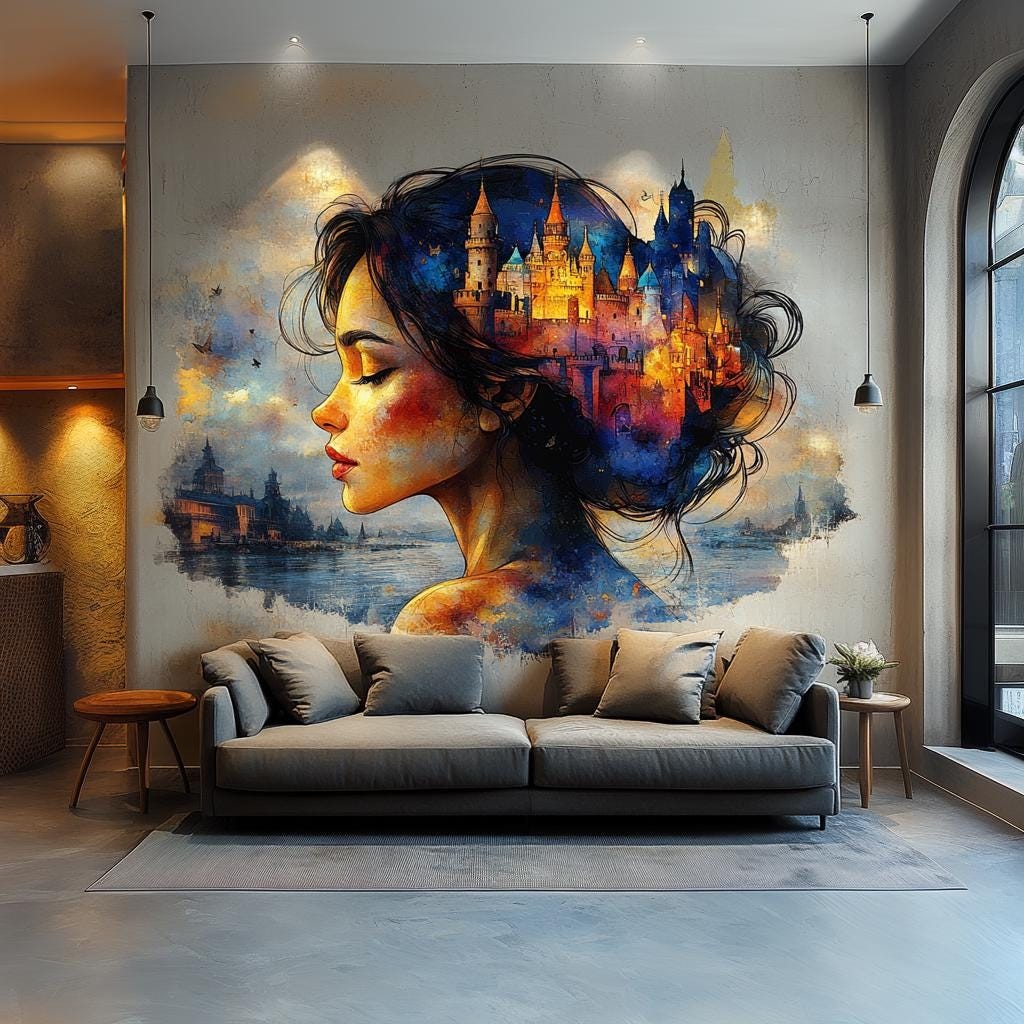 Dreamy Castle Wall Art Sticker – Fantasy Woman Portrait Vinyl Decal for Living