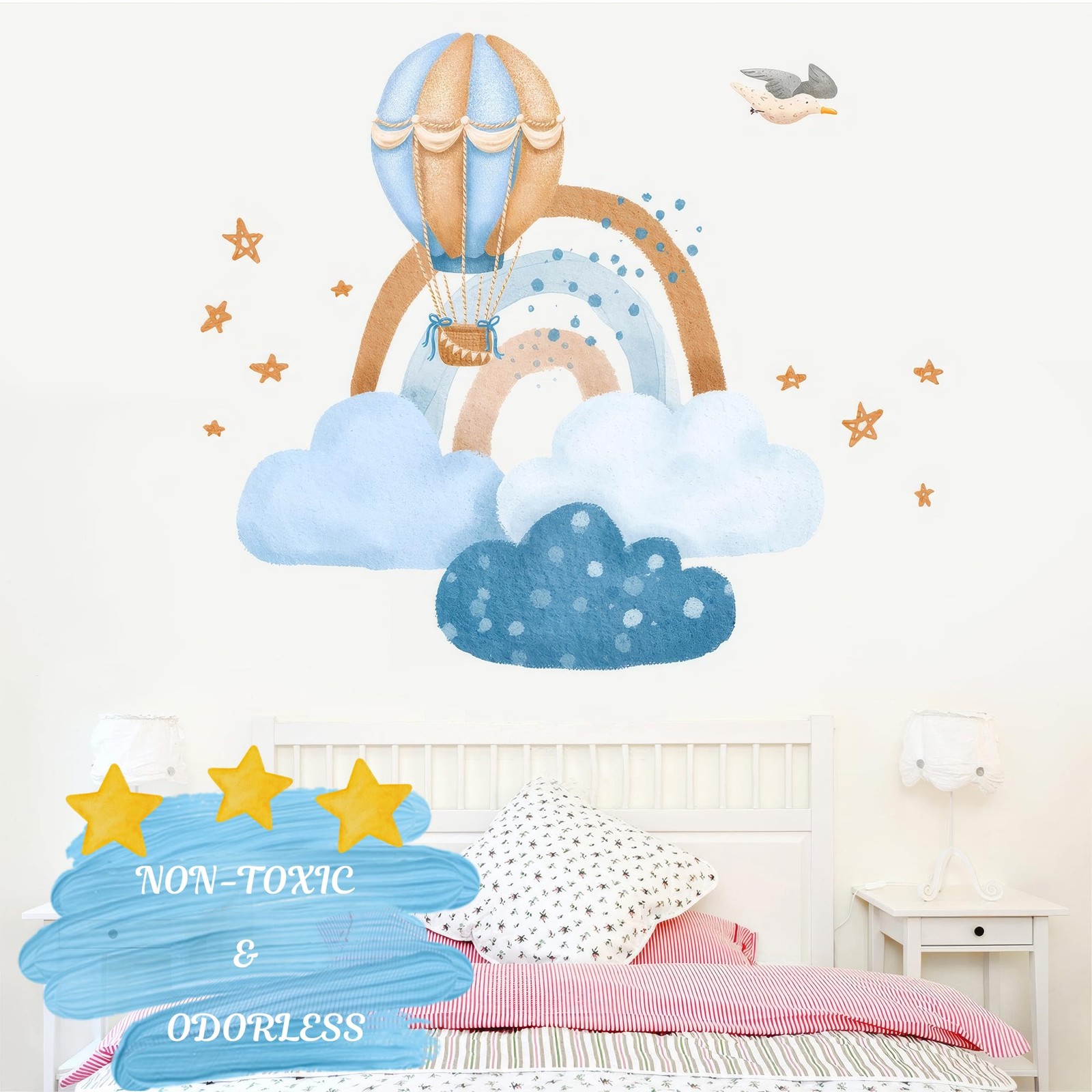 Hot Air Balloon & Clouds Wall Decals – Peel and Stick Watercolor Rainbow Déc…