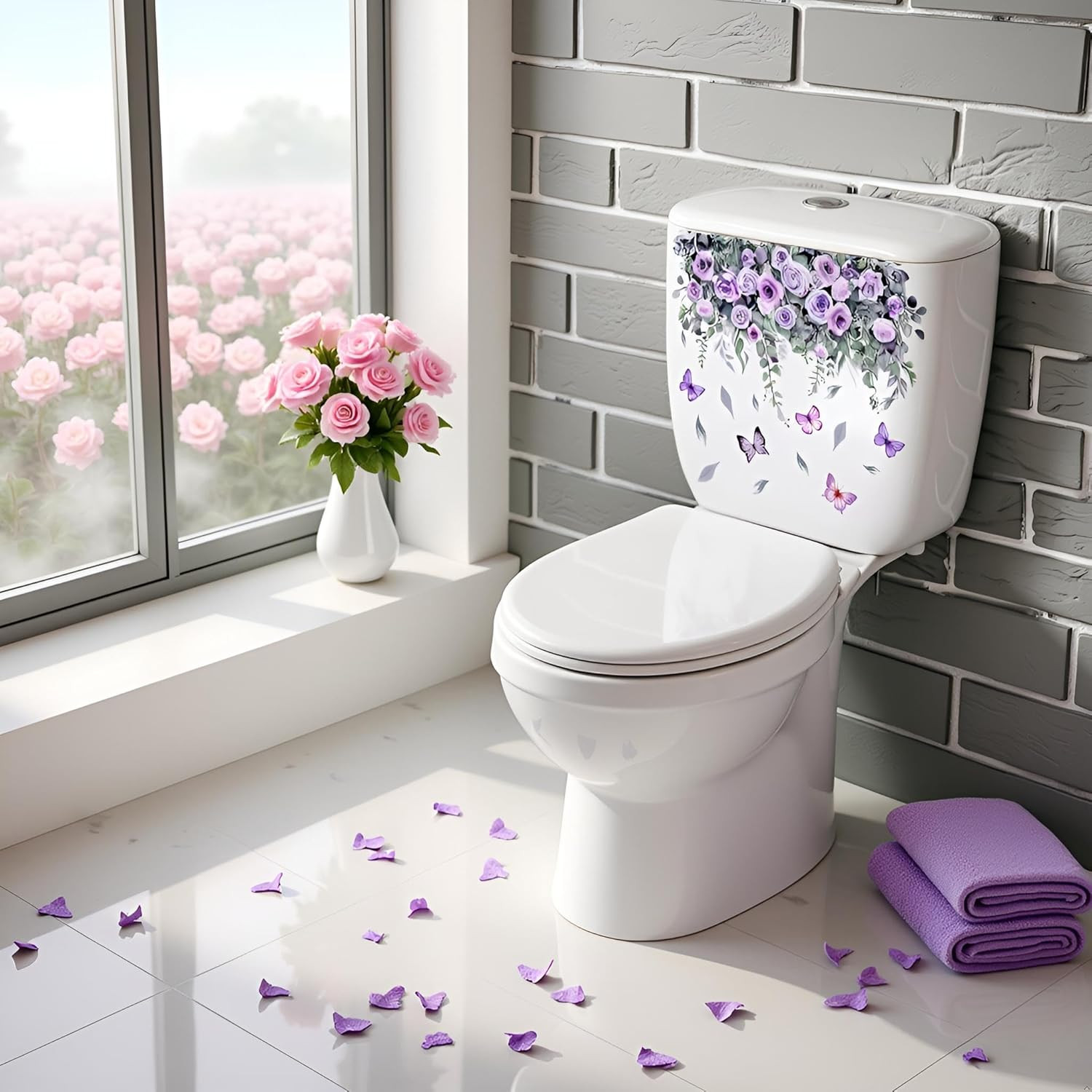 Botanical Bathroom Stickers with Purple Roses, Waterproof Removable Decals for T