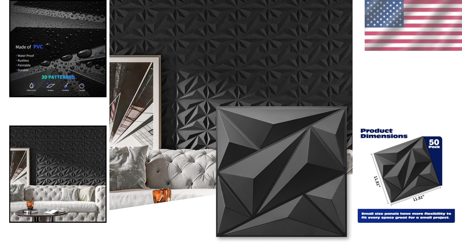 50 Pack Black PVC 3D Diamond Wall Panels Square Decor for Interior Walls