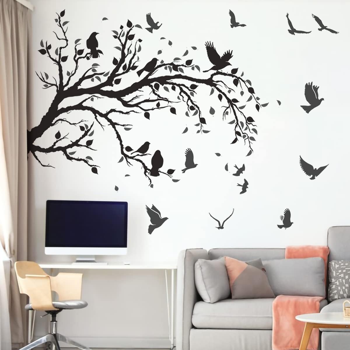 Black Tree Branch Flying Birds Wall Decal 50"" × 30"" DIY Birds Left to Right