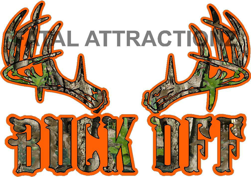 Camo Orange Buck Off Vinyl Sticker Decal deer hunting whitetail bow rack skull