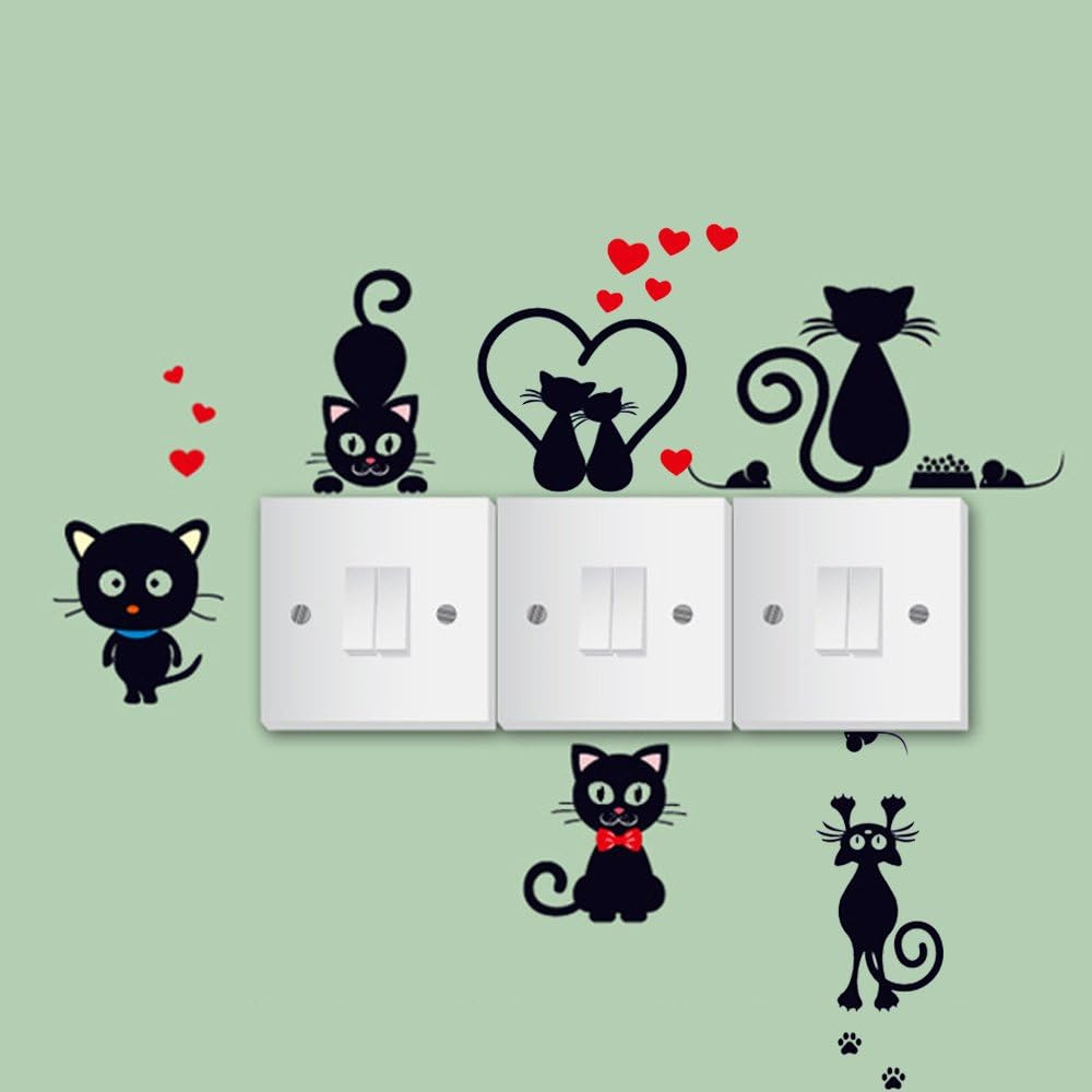 Removable Switch Sticker, 5 Pcs Cute Cartoon Black Cats Wall Sticker, Light Swit