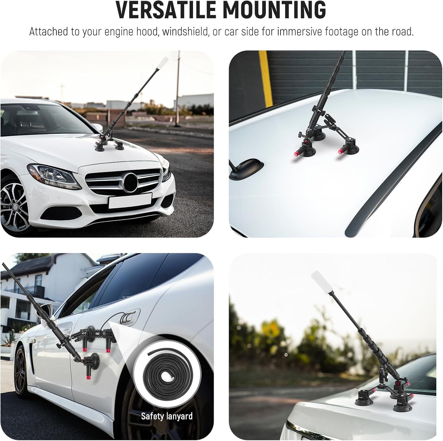Triple Suction Cup Car Mount Kit with 2-in-1 Selfie Stick & Adjustable Pole for
