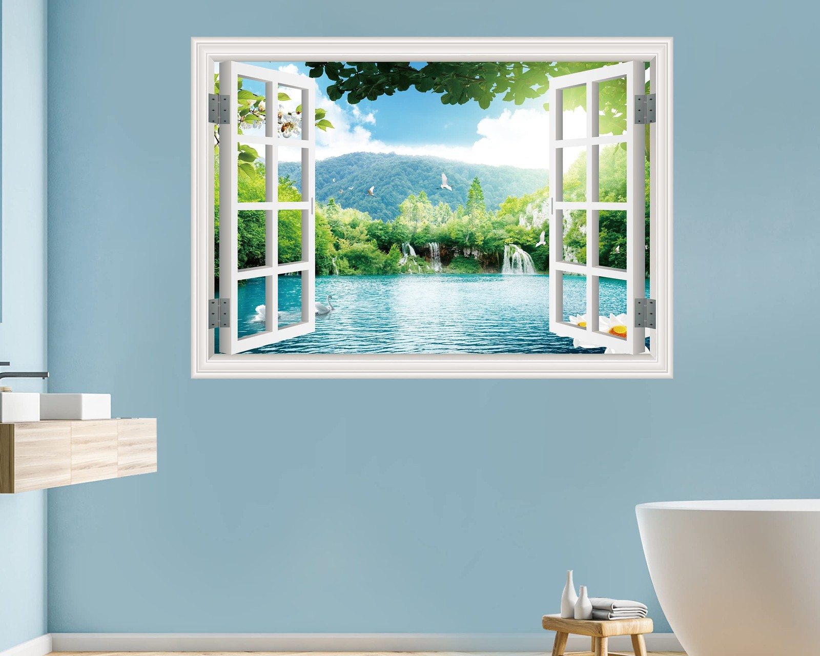 Fake Window Wall Sticker – Landscape Faux Window Wall Mural for Wall Decor, S…