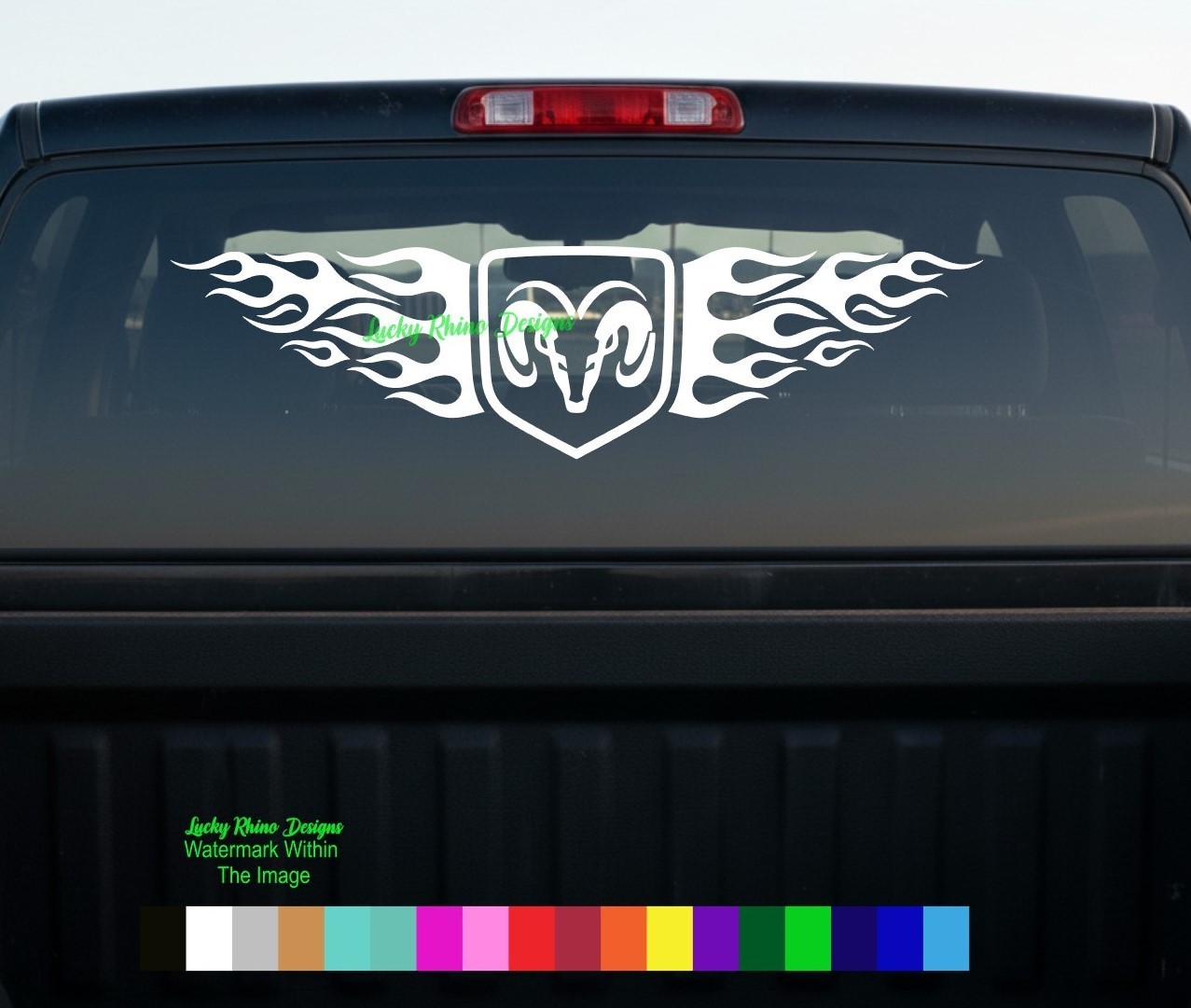 Sticker – Ram Head Flames Truck 4×4 Off Road Emblem Logo Car Window Vinyl Decal