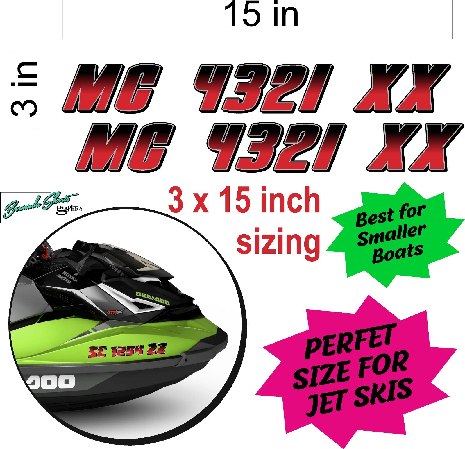 Boat Registration Numbers & Letters 2 Pack 3" x 15" Boat & Jetski Stickers GRB