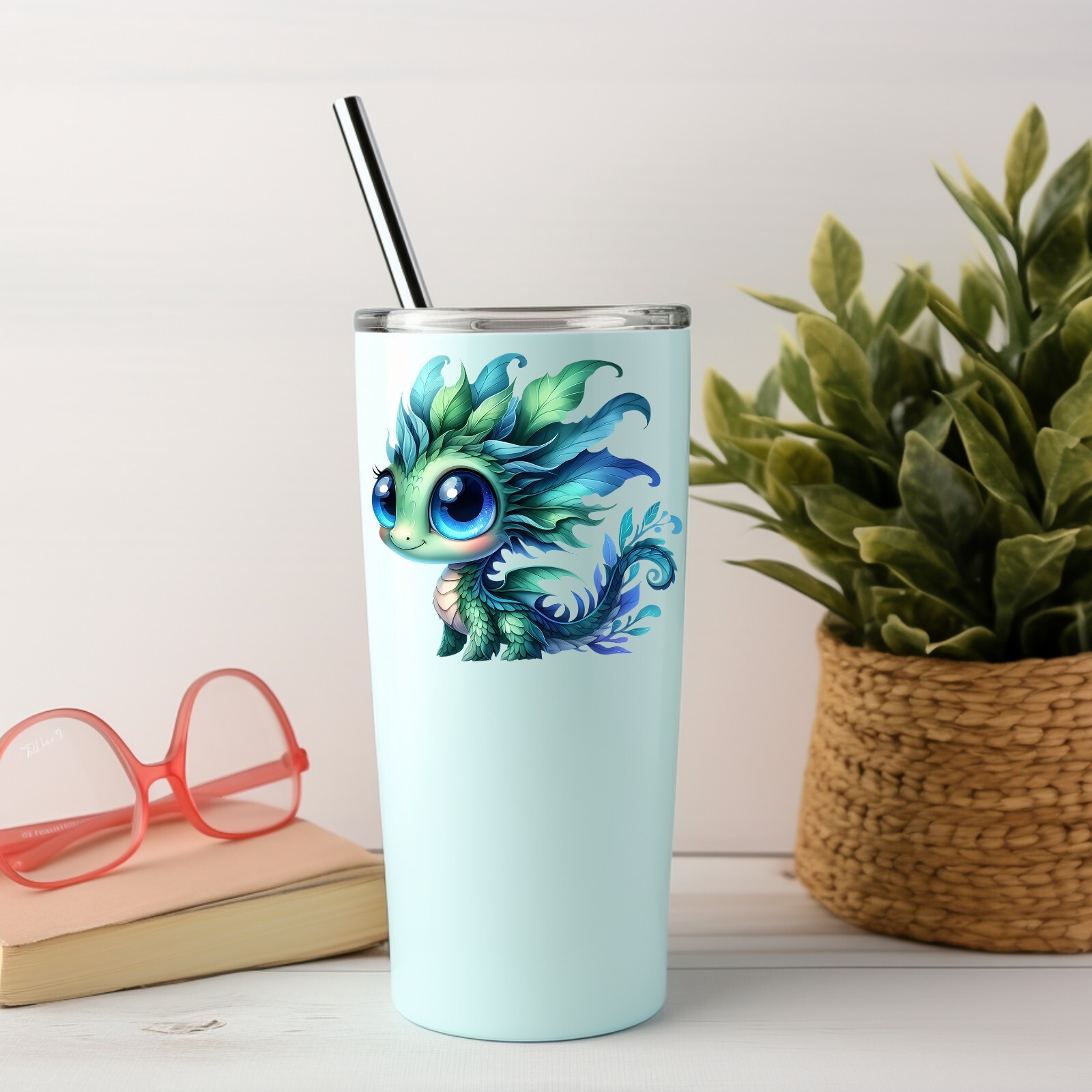 Cute Blue Green Dragon UV DTF Transparent Sticker / Decal