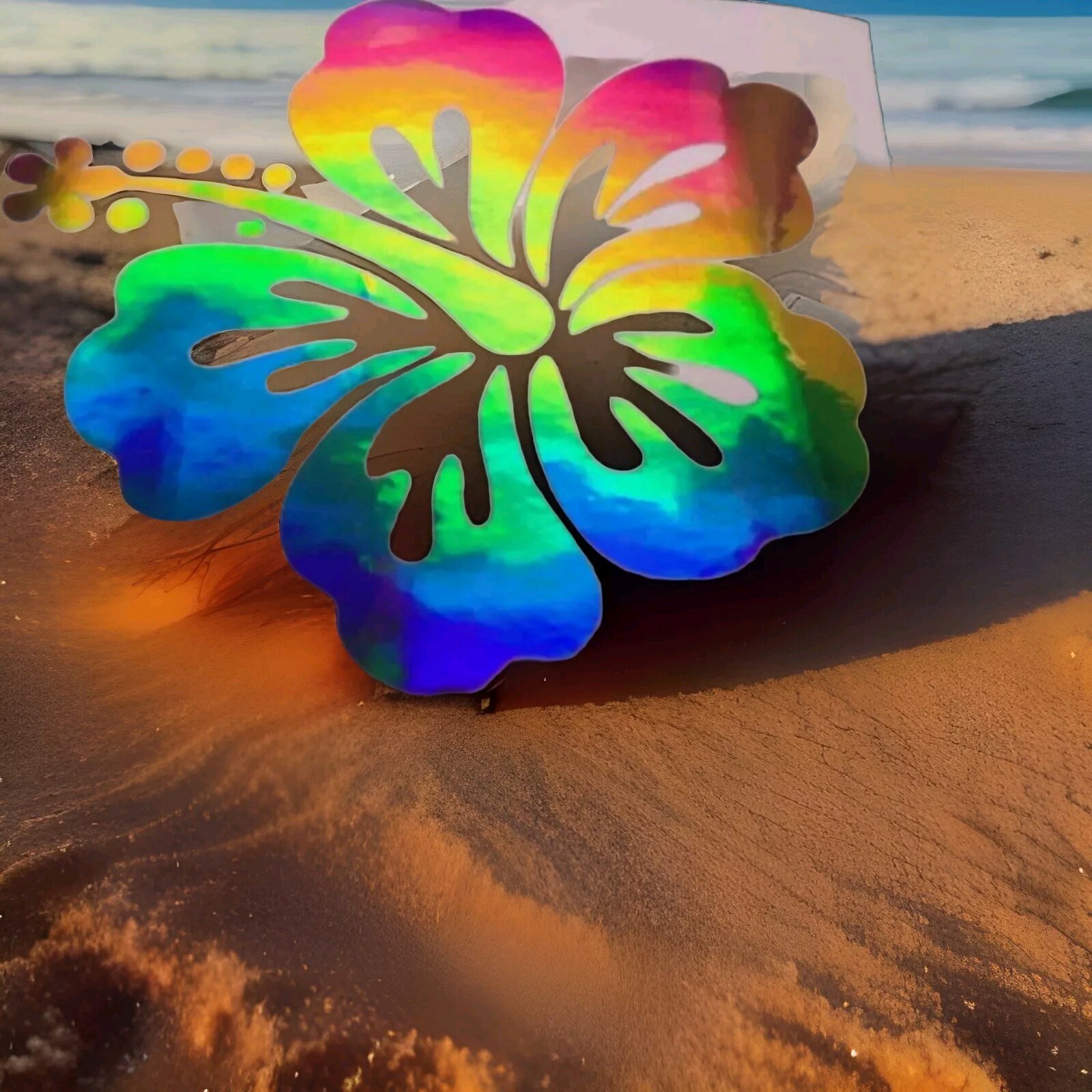 2 HOLOGRAPHIC HIBISCUS FLOWER DECALS 4-1/4" X 4-1/4" 1026