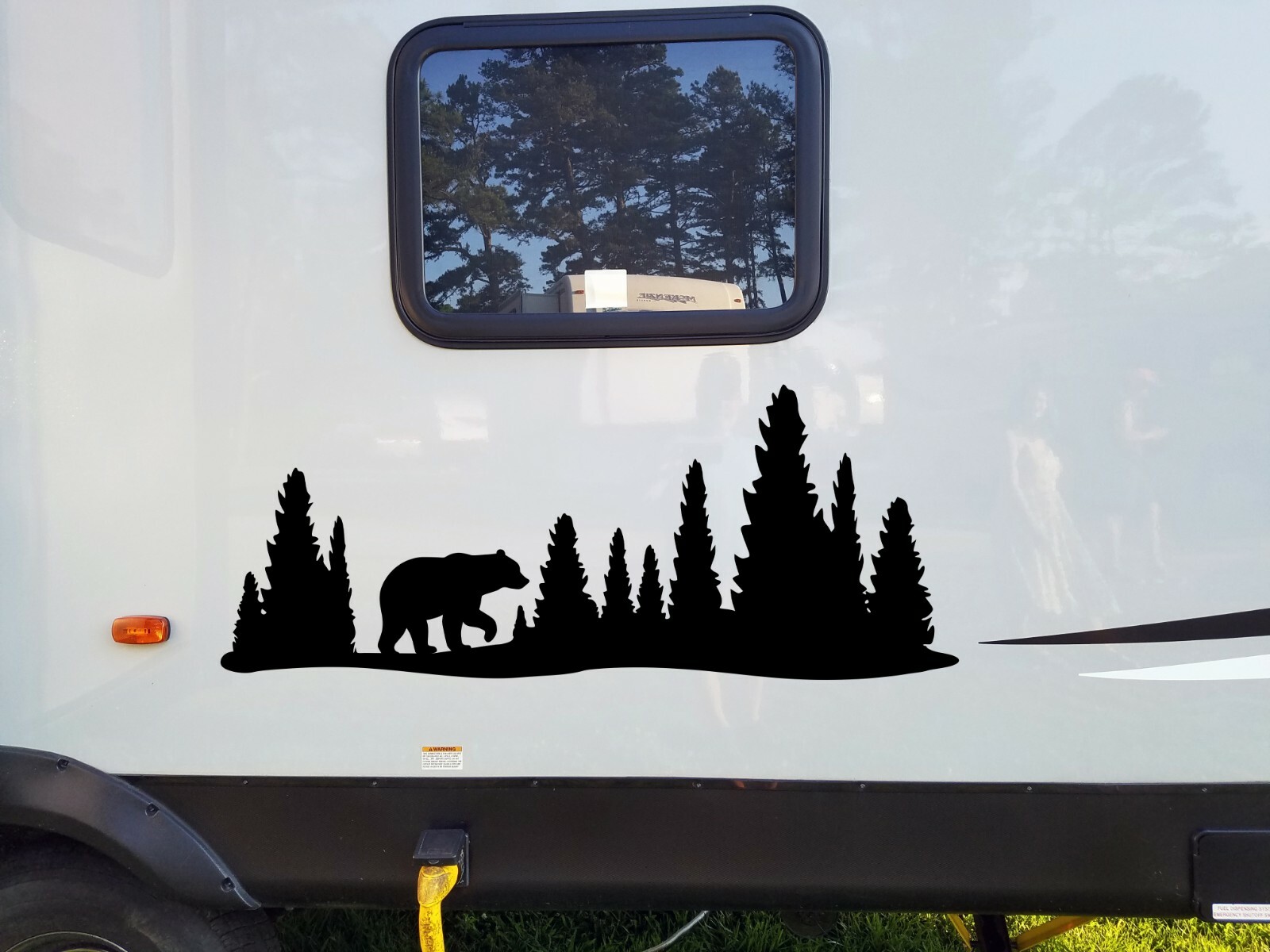 Bear in Tree Line V4 Vinyl Decal RV Graphics Motorhome Pine Trees Forest Camping