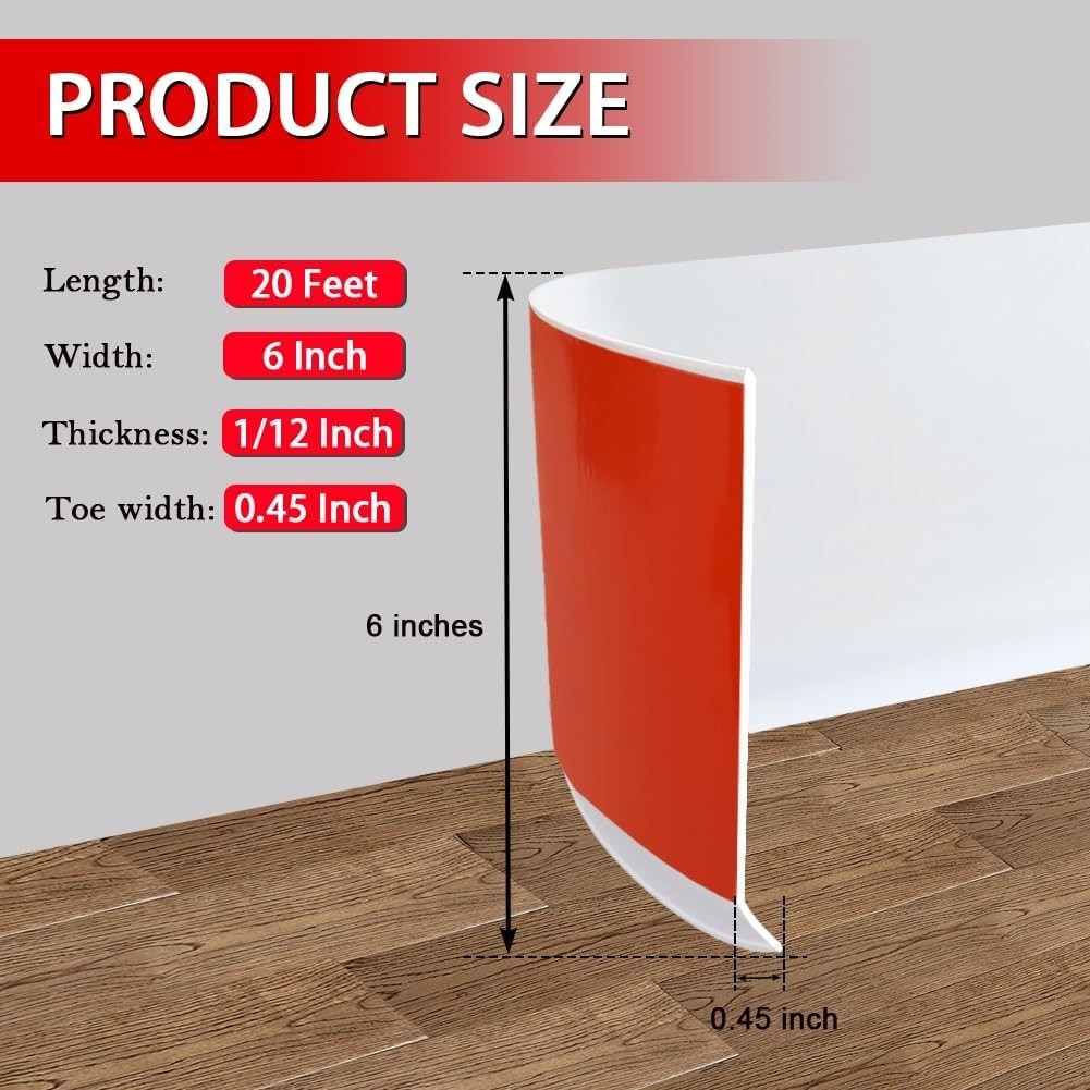 Flexible Peel and Stick Vinyl Baseboard, 6in x 20ft – White Decorative Molding