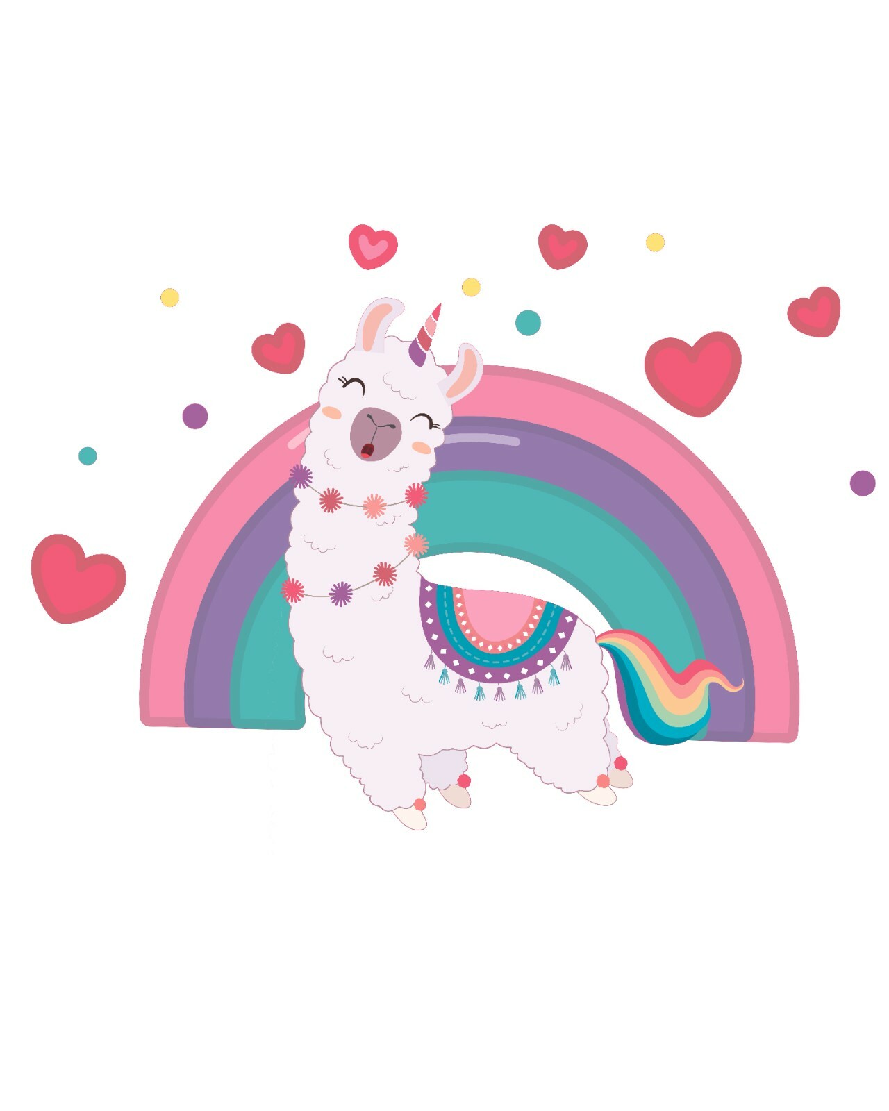 Kids Bedroom Multicolored Llama Rainbow Hearts Alpaca Design Vinyl Wall Decal