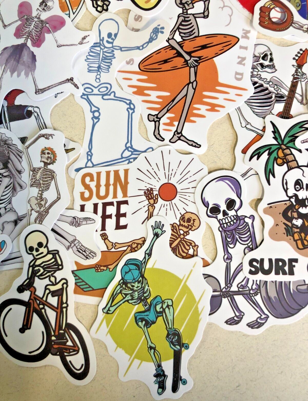 Surf's Up Skeletons Stickers – Handmade, Vinyl Waterproof Set of 20