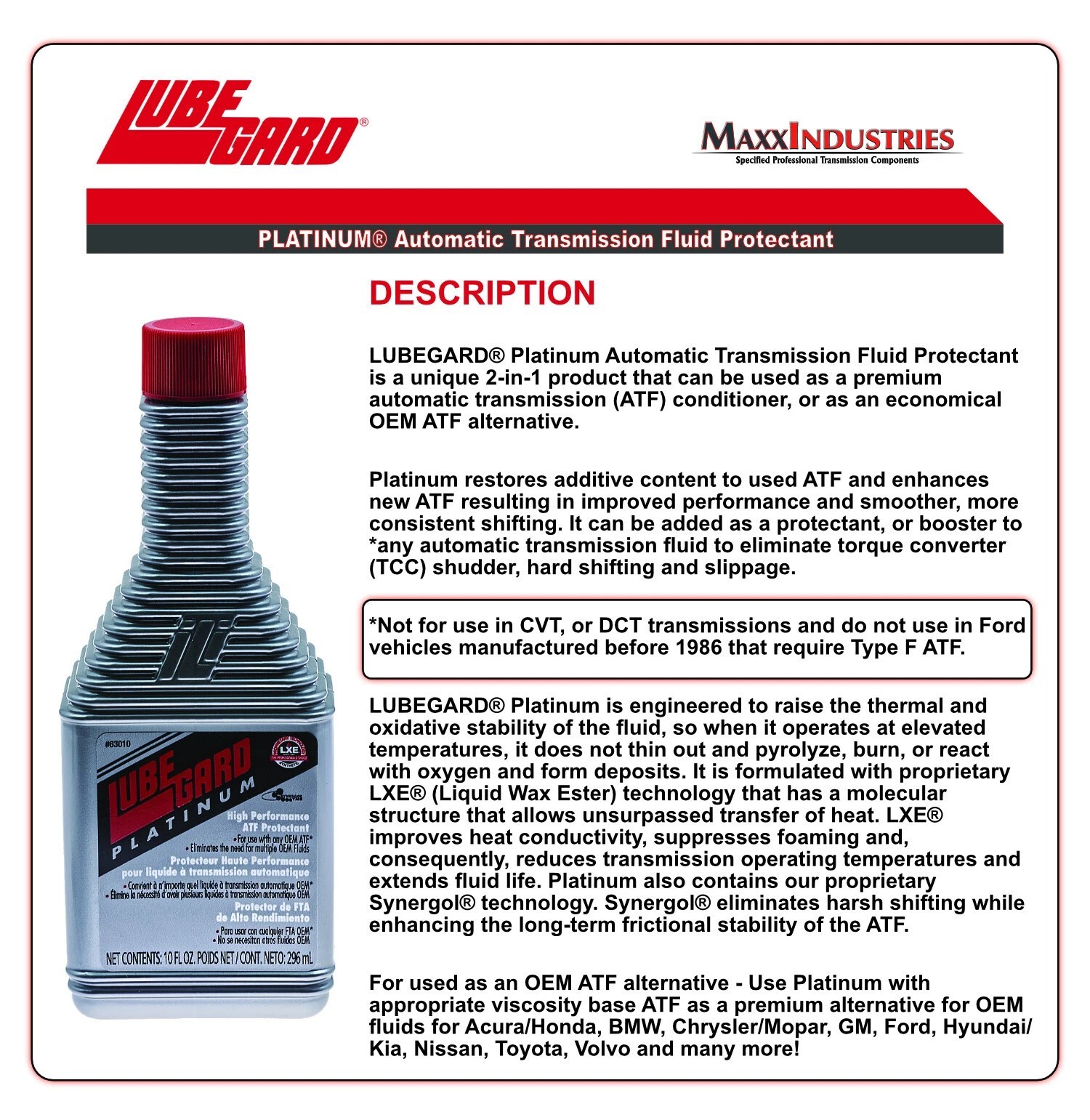 NEW ATF UPGRADE LUBEGARD TRANSMISSION PLATINUM UNIVERSAL ATF PROTECTANT (3 PACK)