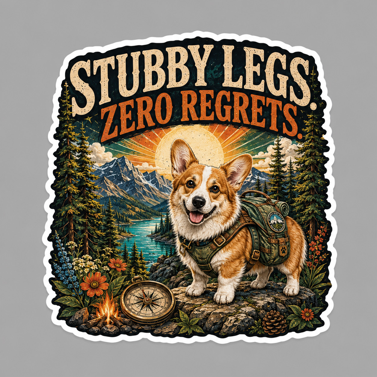 Corgi Sticker Vinyl Decal Stubby Legs Zero Regrets Hiking Camping Adventure