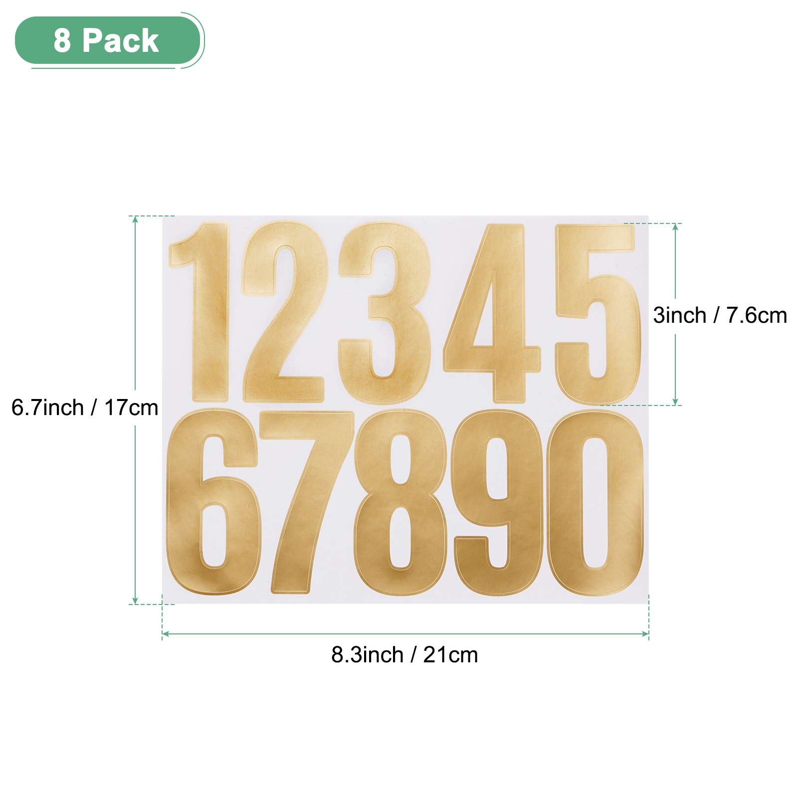 8 Sheets Numeric Stickers, 3" Vinyl Stickers with Numbers 0 to 9 [80pcs Gold]